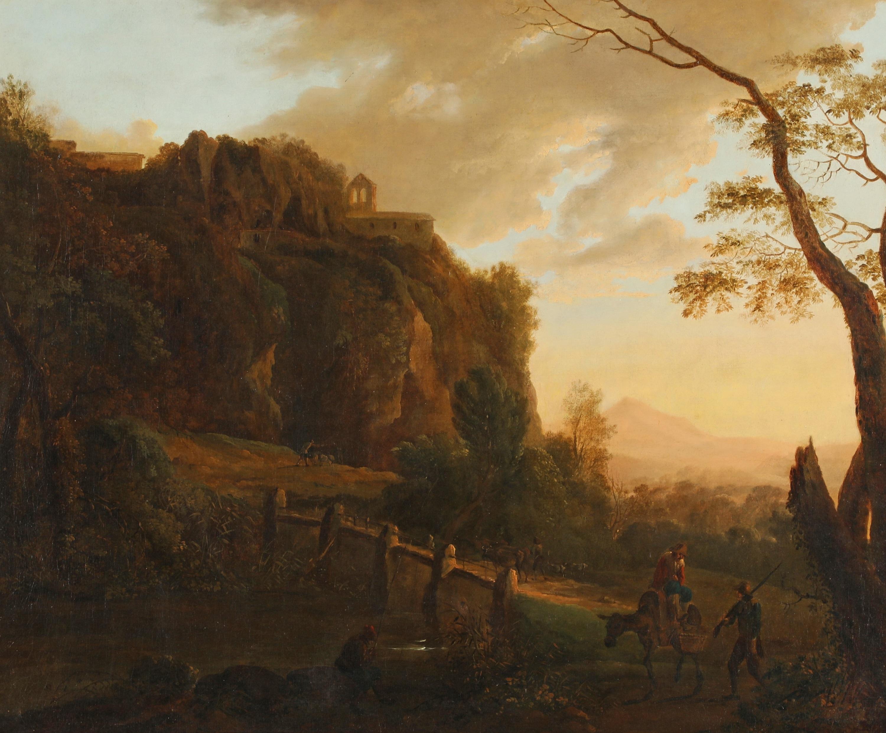 Südliche Landschaft mit Brücke und Schafhirten - Landscape Painting Marrón de Jan Both