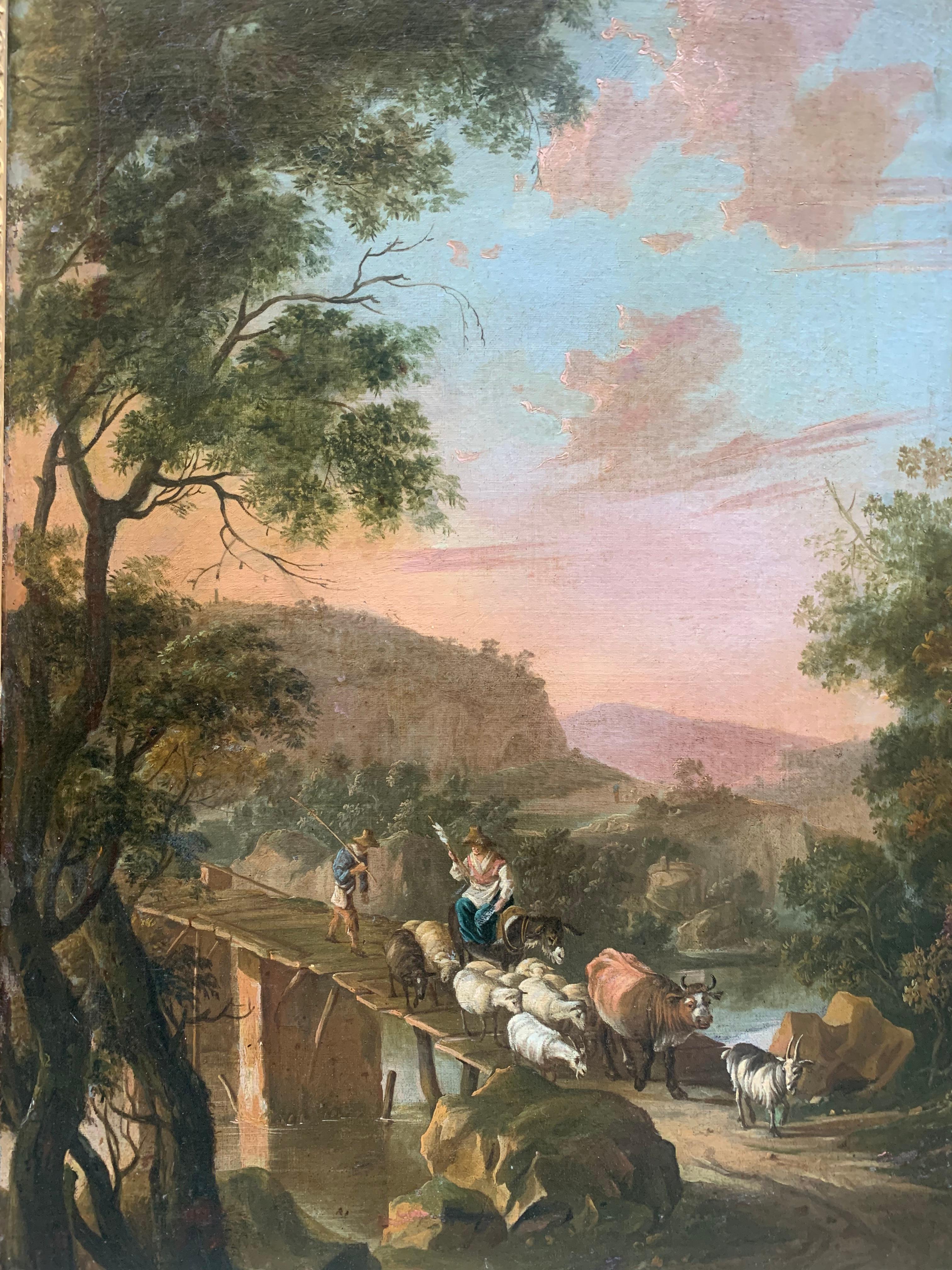 Paysage italien avec un pont, une tour, des bergers et des animaux.
Jan Both (Utrecht, 1618-1652), est arrivé à Rome et à Venise en plus de sa Hollande natale. 
La peinture du 17e siècle. École néerlandaise. Le paysage représente la campagne du