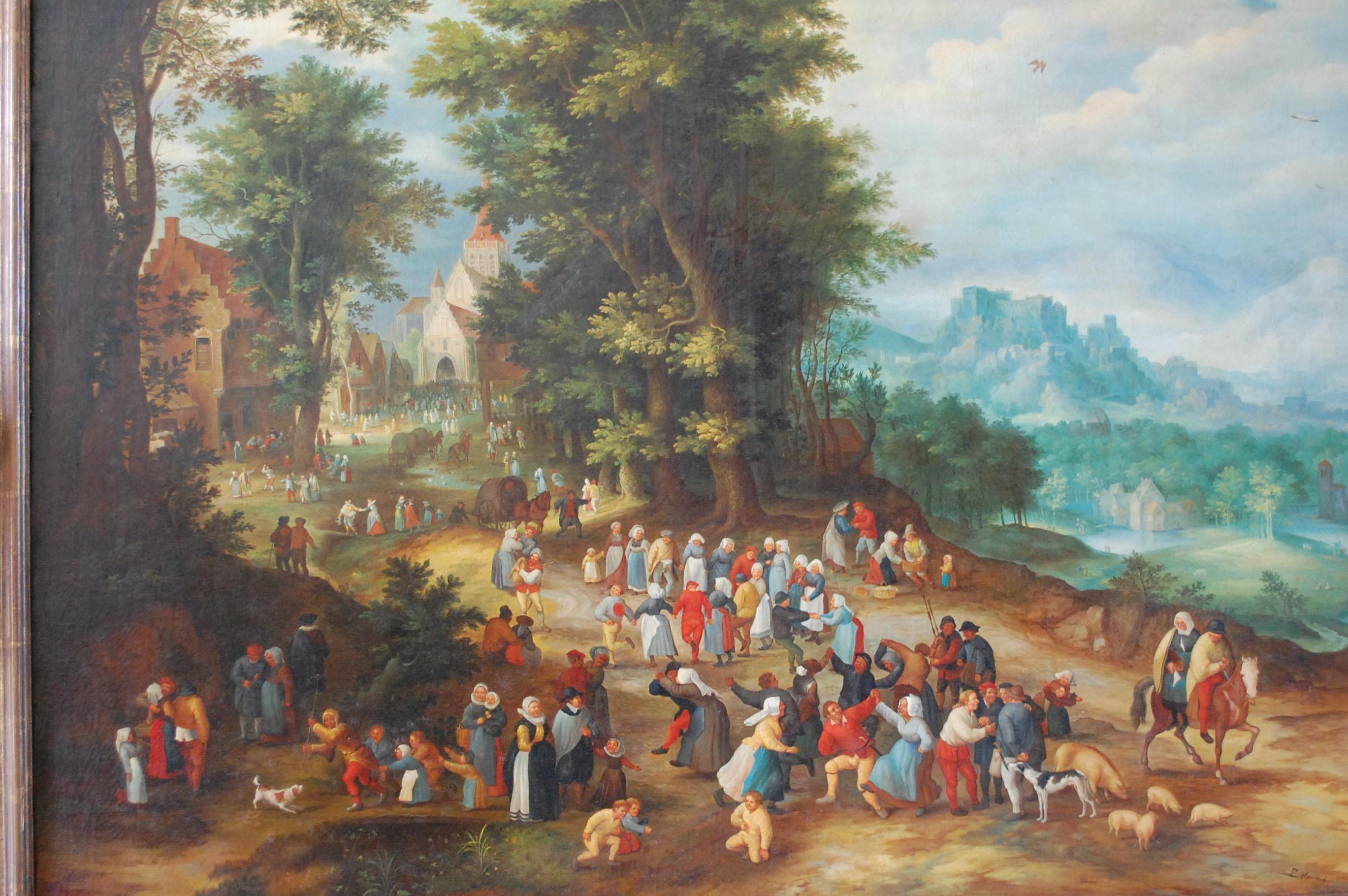 Foire flamande  (D'après Jan Brueghel The Elder)
 Il s'agit d'une version très grande et impressionnante de la peinture originale Flemish Fair Cr. 1600.
 Belle huile sur toile du 19e siècle ou plus ancienne, d'après Jan Brueghel The Elder, la