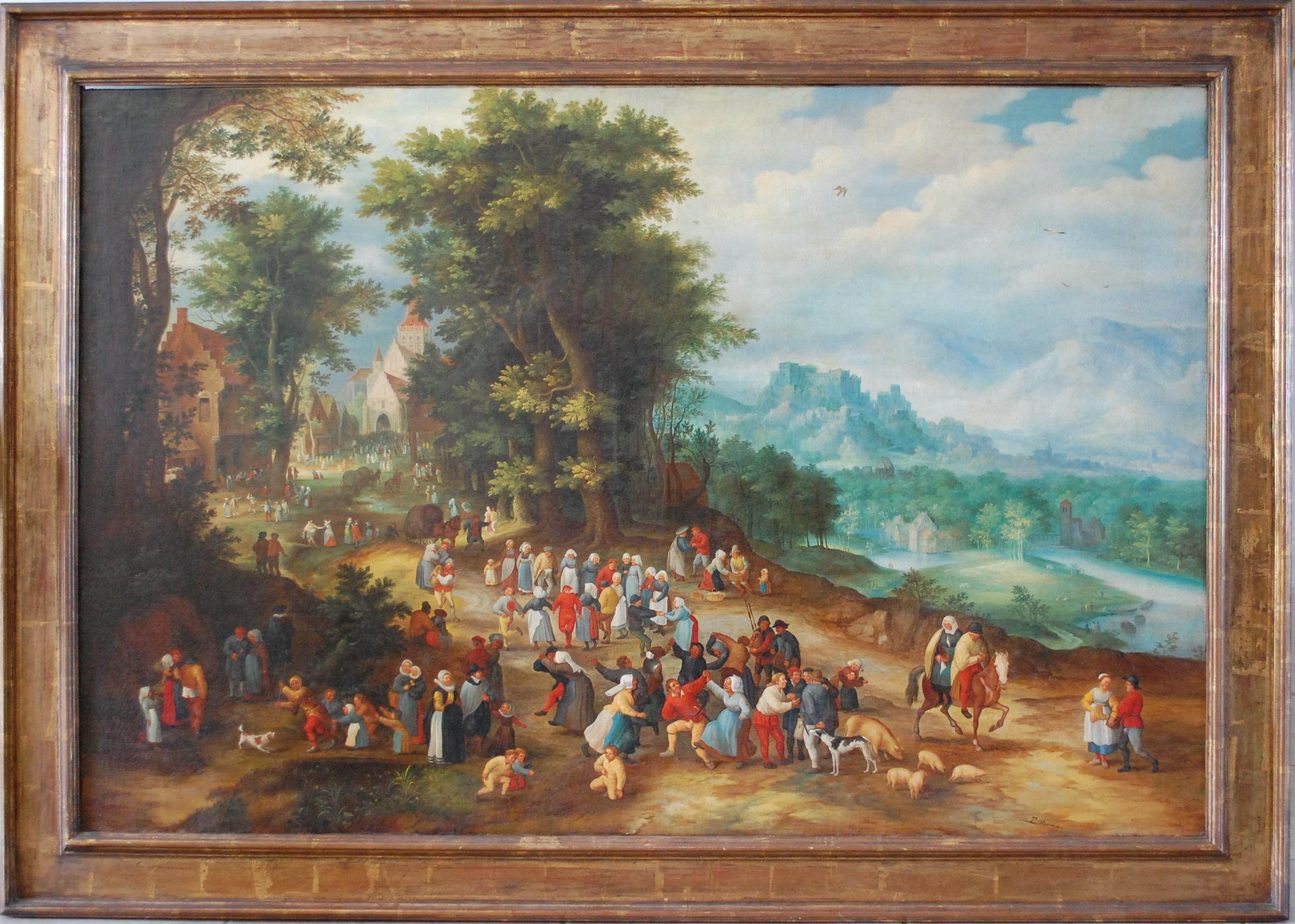 Landscape Painting di Jan Brueghel The Elder - XIX secolo Fiera fiamminga Olio su tela
