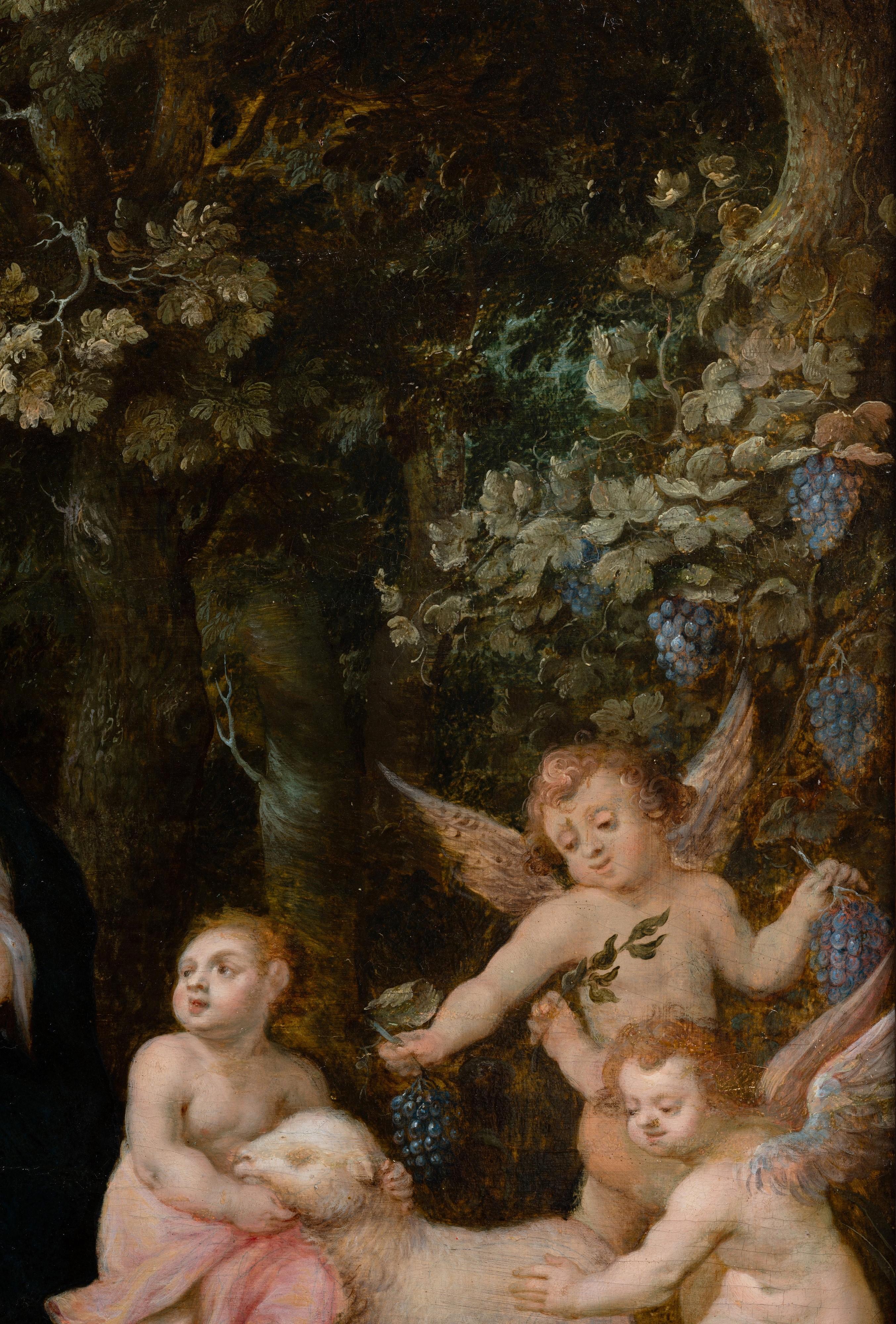Workshop of Jan Brueghel the Younger (1601-1678) & Hendrick van Balen (Antwerp, 1575 – 1632)
17th century Antwerp School
The Virgin and Child with Saint John the Baptist Surrounded by Angels in a Landscape
Oil on oak panel: h. 54 cm (21.26in), w.