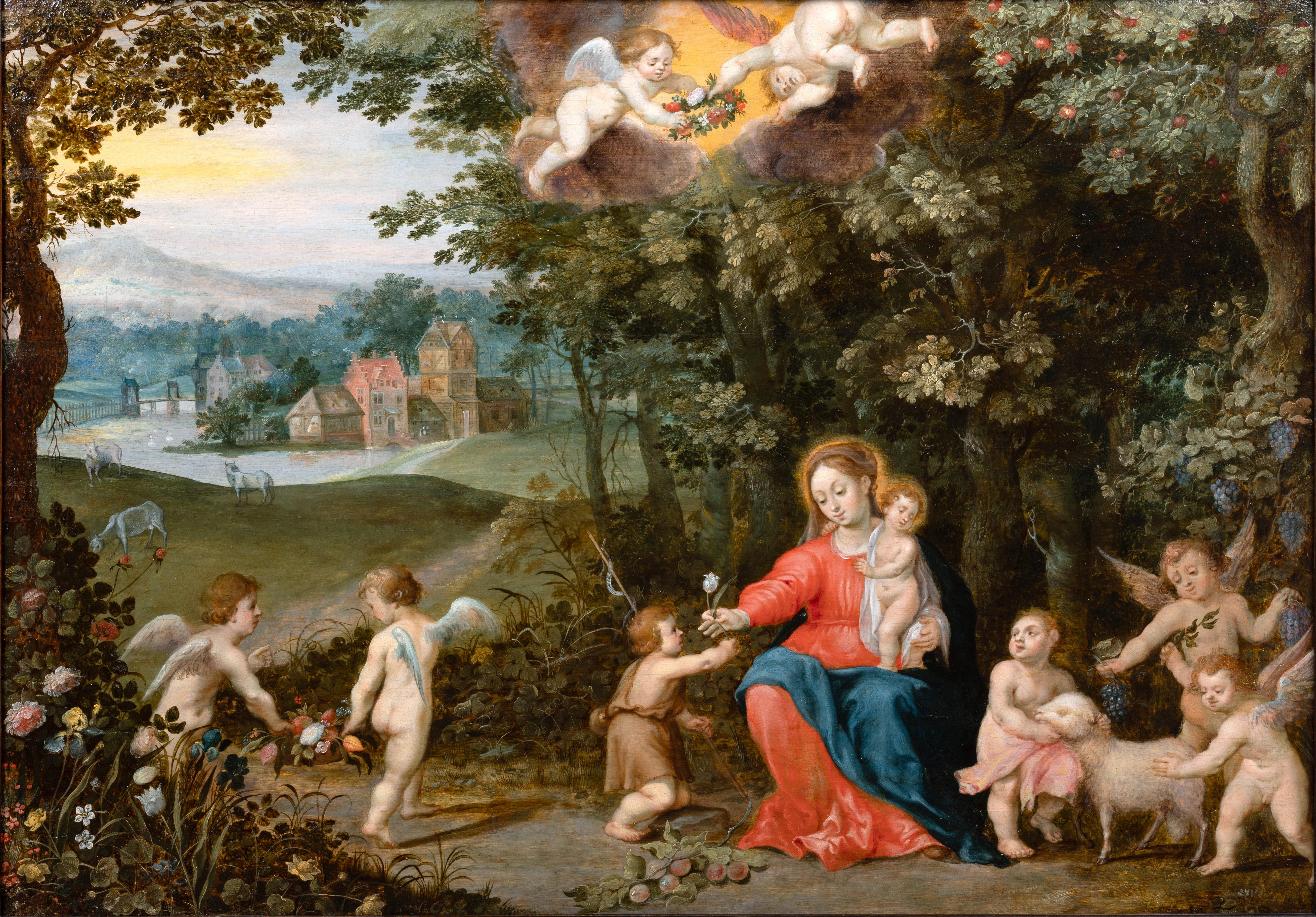 17. Jahrhundert. Antwerpener Atelier von J. Brueghel  & H. van Balen - Die Jungfrau mit Kind im Angebot 4