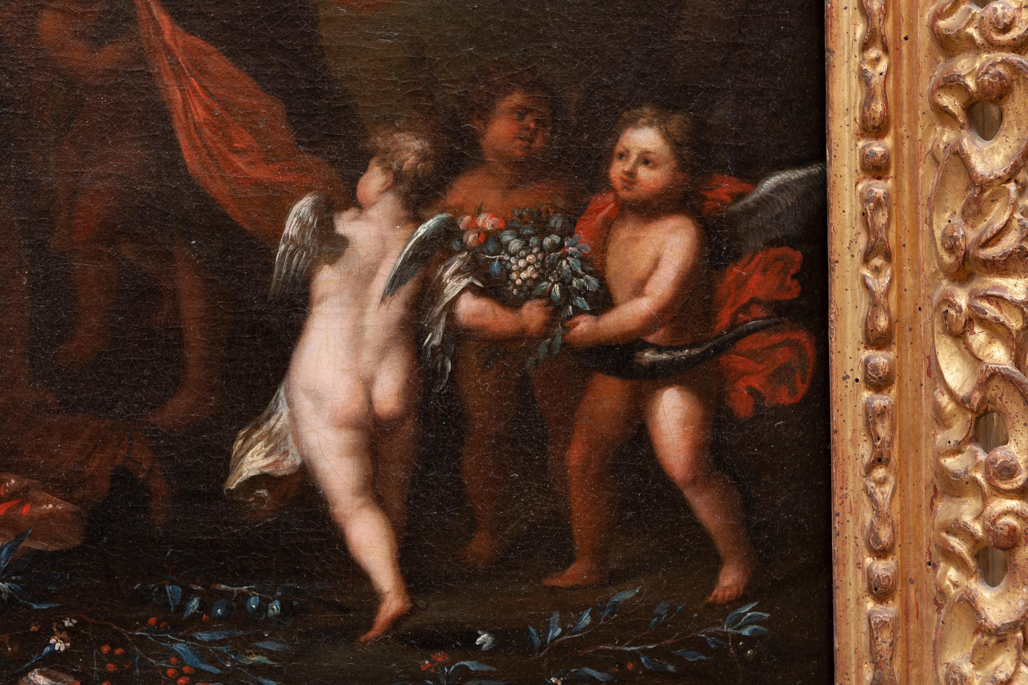 Jan Brueghel der Jüngere (1601-1678) & Hendrick van Balen (Antwerpen, 1575 - 1632) 
Antike Kopie nach einem Gemälde von 

Bacchanal mit Ceres, Bacchus und Venus
Öl auf Leinwand in vergoldetem Rahmen
Abmessungen: 46x56 cm (77x85,5 cm mit