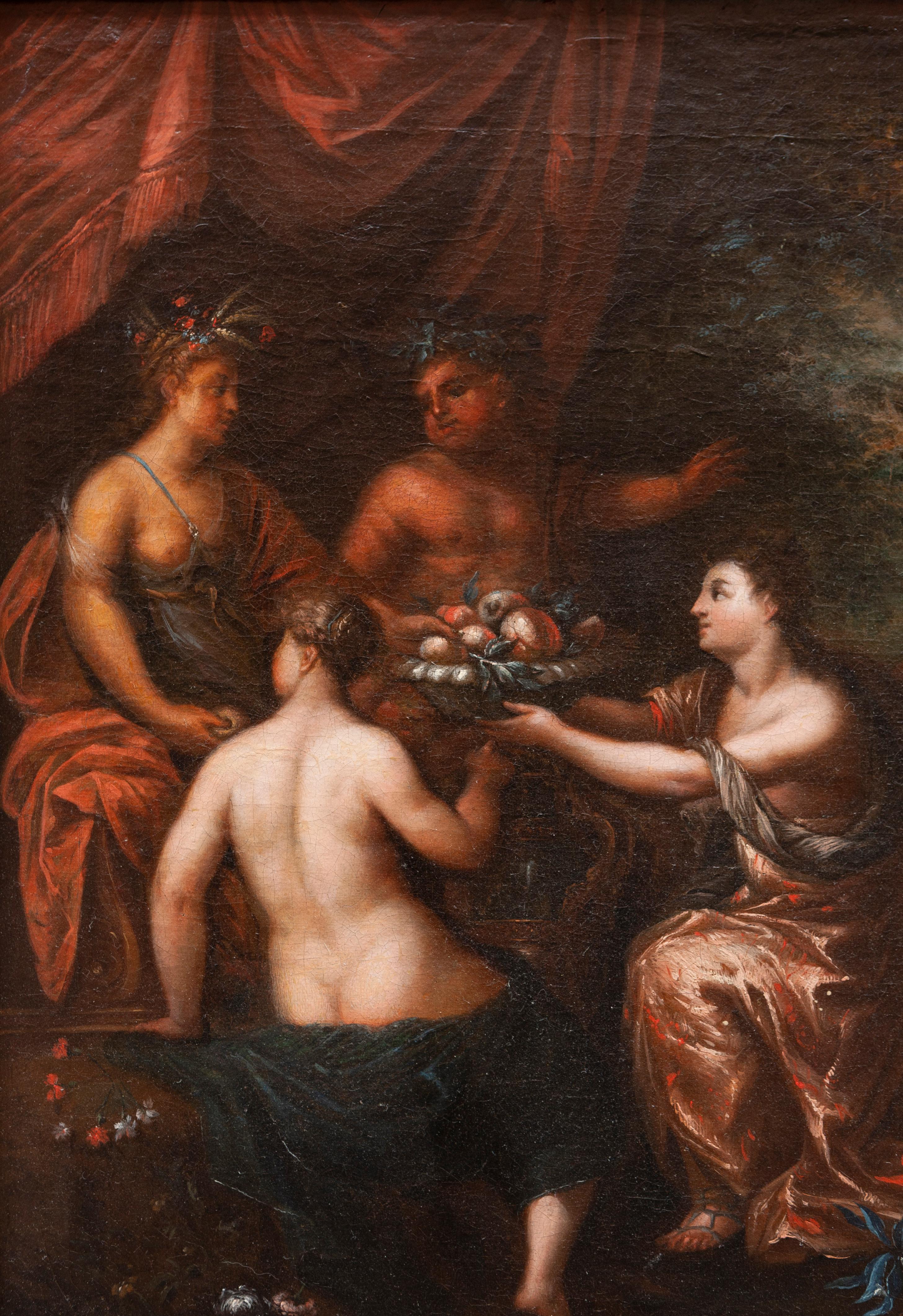 Jan Brueghel der Jüngere (1601-1678) & Hendrick van Balen (Antwerpen, 1575 - 1632) 
Antike Kopie nach einem Gemälde von 

Bacchanal mit Ceres, Bacchus und Venus
Öl auf Leinwand in vergoldetem Rahmen
Abmessungen: 46x56 cm (77x85,5 cm mit