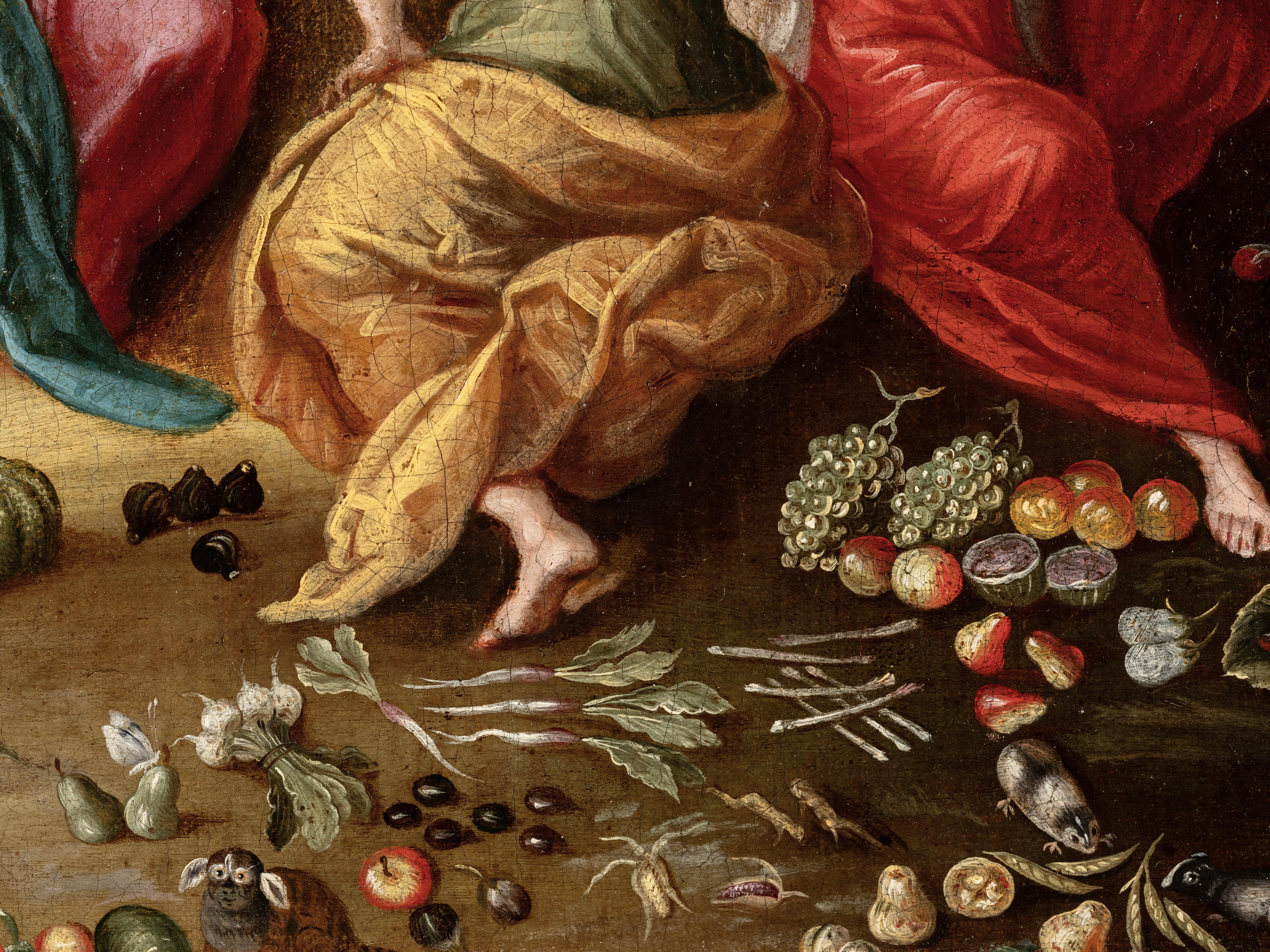 École anversoise du 17e siècle
Paysage, animaux et nature morte d'un élève de Jan Brueghel le Jeune (1601-1678)
Figures d'un élève de Frans Francken II
Huile sur toile : h. 52,5 cm, l. 82 cm (11
Cadre en bois doré
Encadré : h. 66 cm, l. 96 cm
Notre