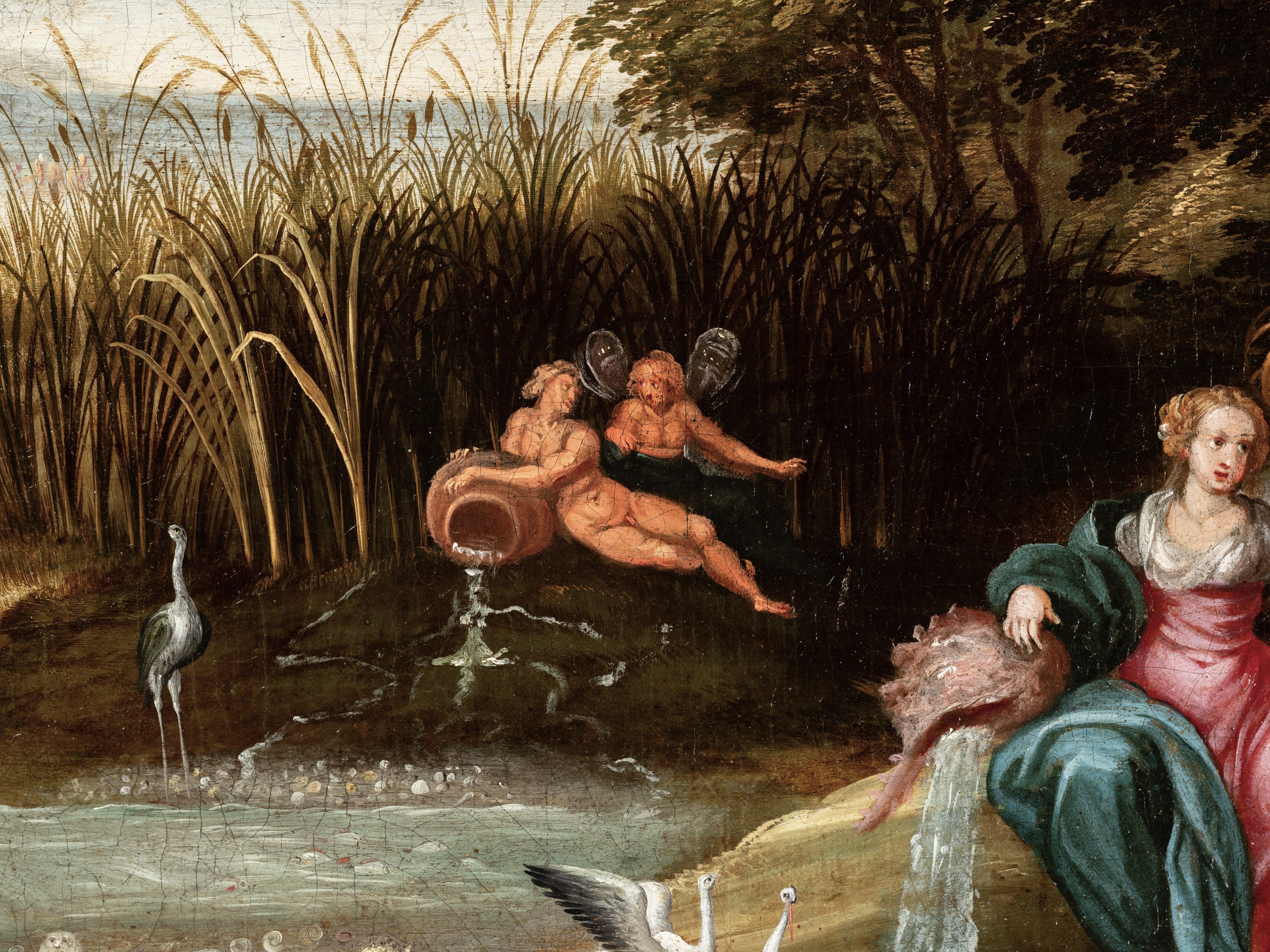 Escuela de Amberes del siglo XVII
Paisaje, animales y naturaleza muerta de un alumno de Jan Brueghel el Joven (1601-1678)
Figuras de un alumno de Frans Francken II
Óleo sobre lienzo: alto 52,5 cm, ancho 82 cm (11
Marco de madera dorada
Enmarcado: