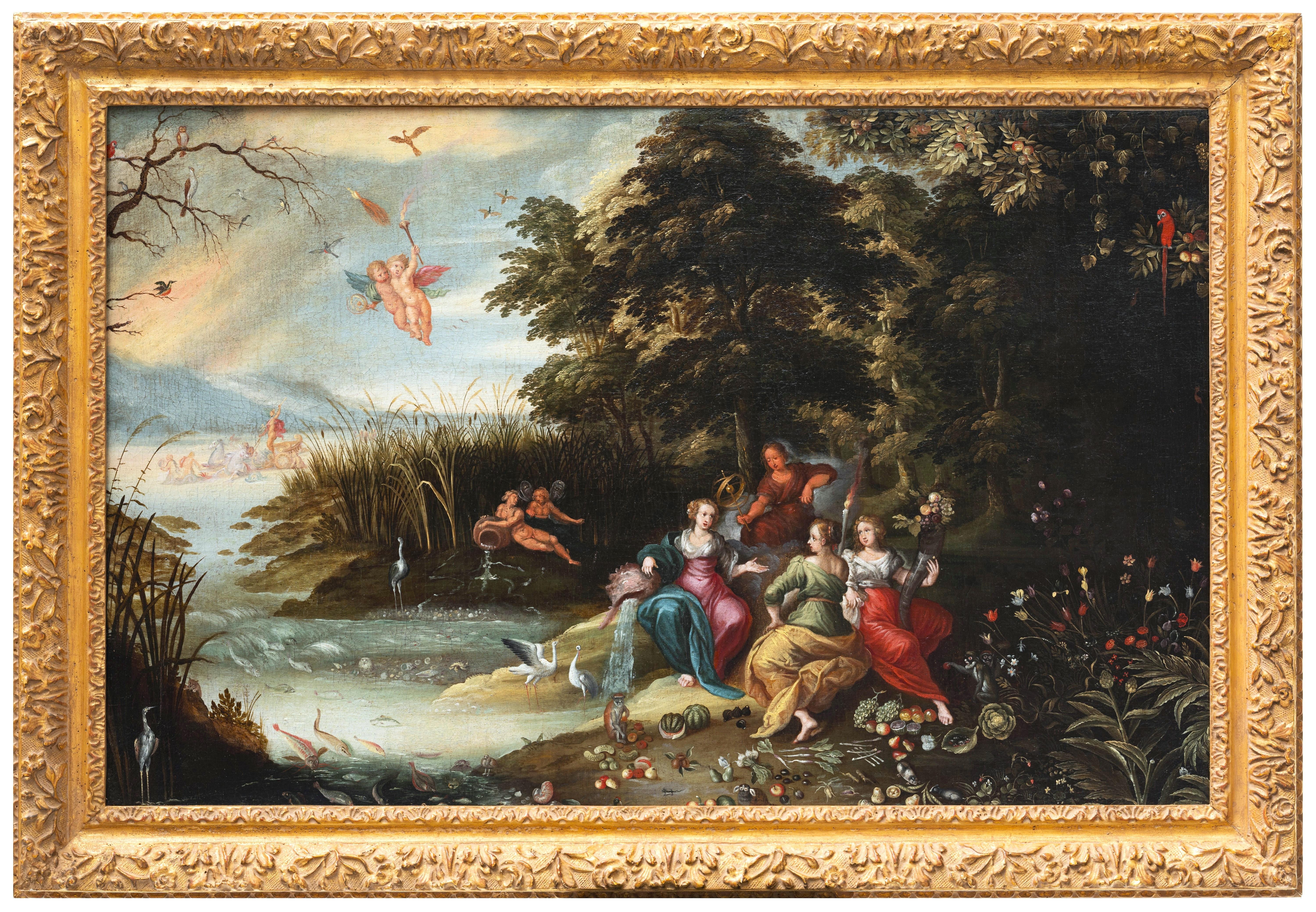 17th century Antwerp school
Landscape, animals and stilllife by a pupil of Jan Brueghel the Younger (1601-1678)
Figures by a pupil of Frans Francken II
Oil on canvas: h. 52,5 cm, w. 82 cm (11
Giltwood frame
Framed: h. 66 cm, w. 96 cm
Our magnificent