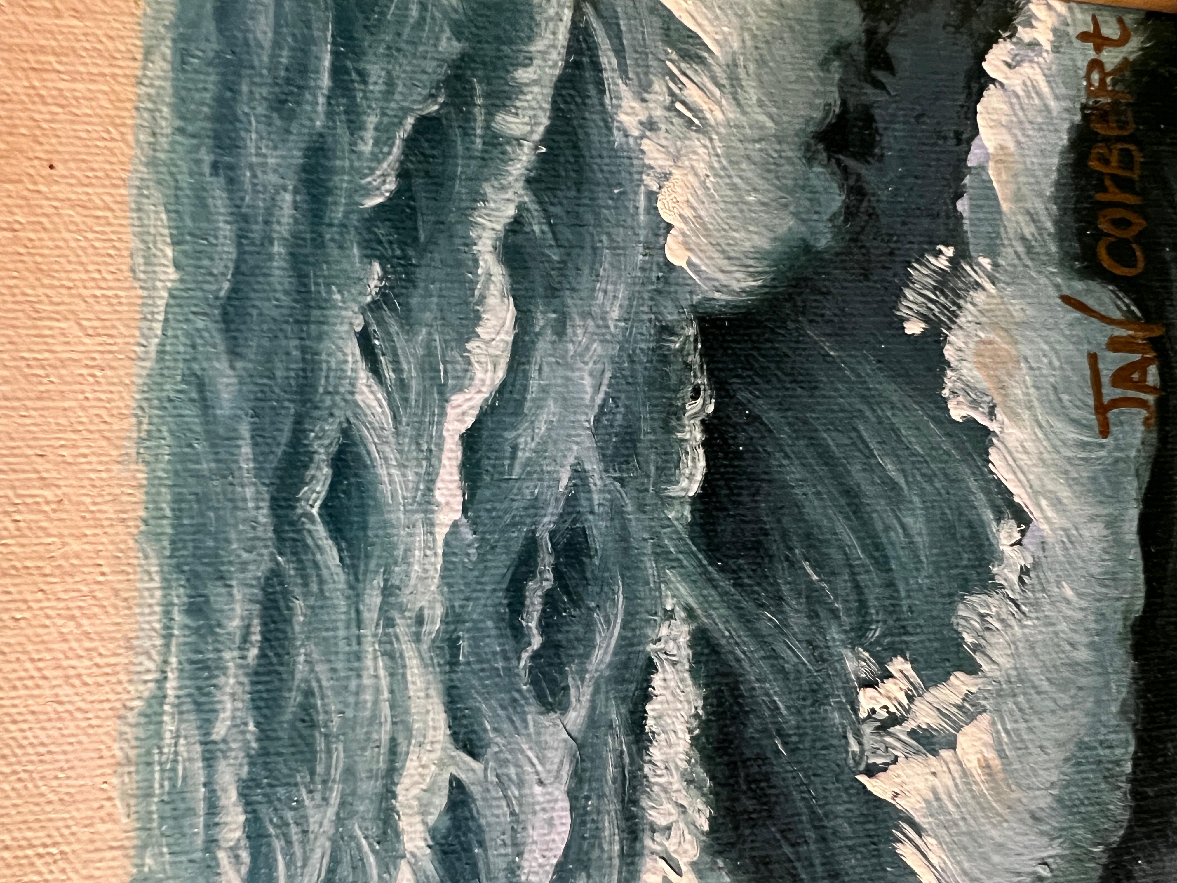 Jan Corbert, dipinto originale a olio su tela, paesaggio marino, Nave a vela al tramonto 9