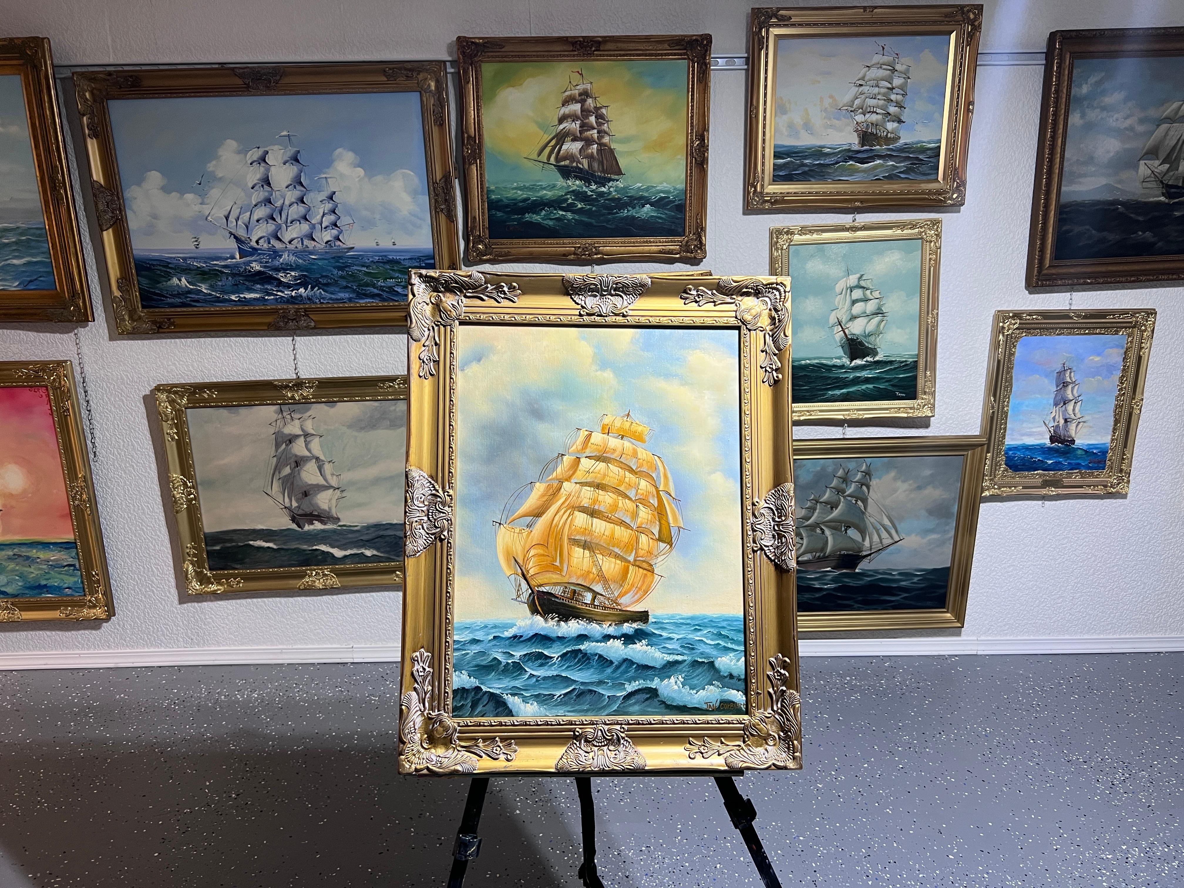 Jan Corbert, dipinto originale a olio su tela, paesaggio marino, Nave a vela al tramonto 1