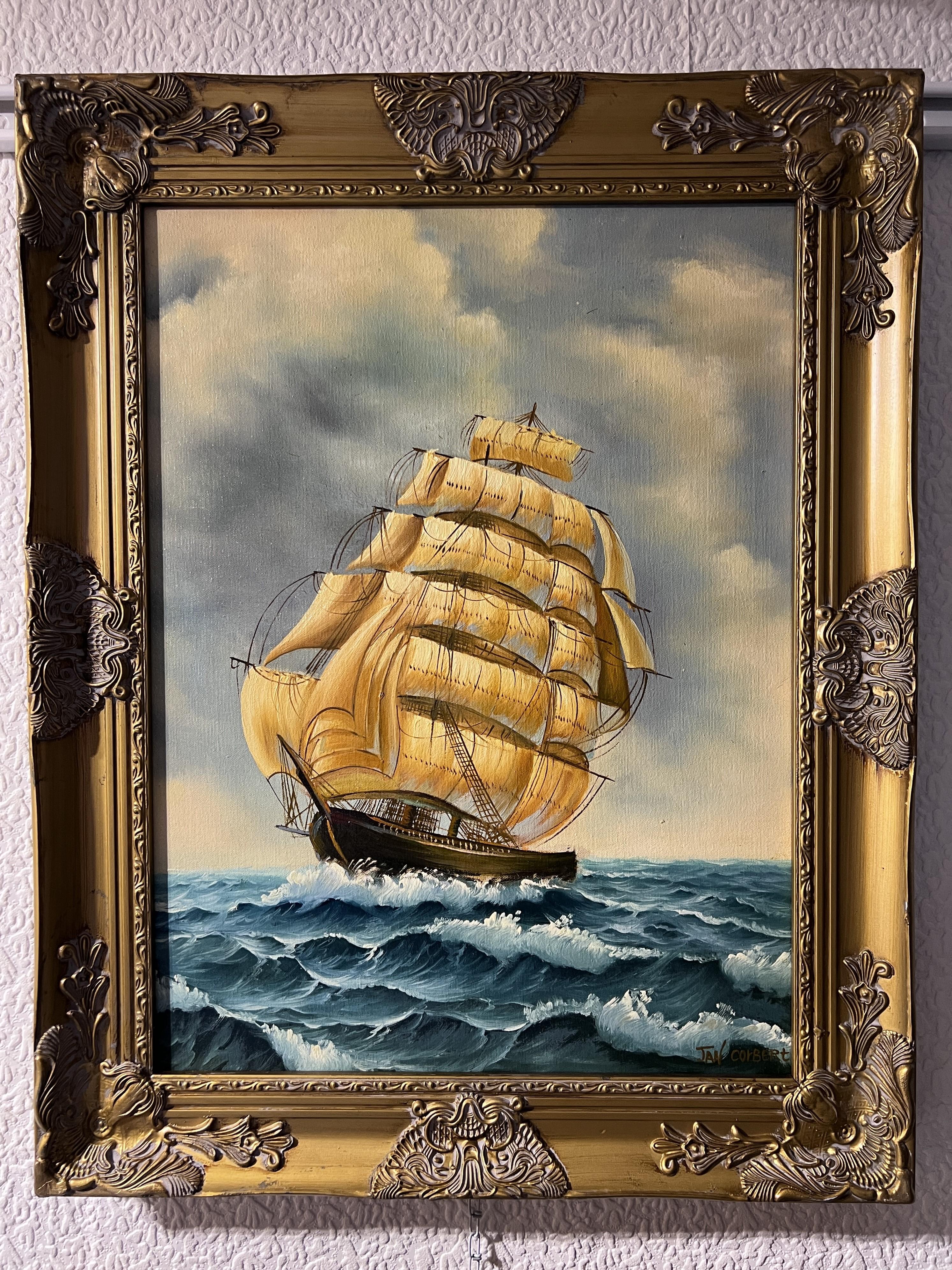 Jan Corbert, dipinto originale a olio su tela, paesaggio marino, Nave a vela al tramonto 2