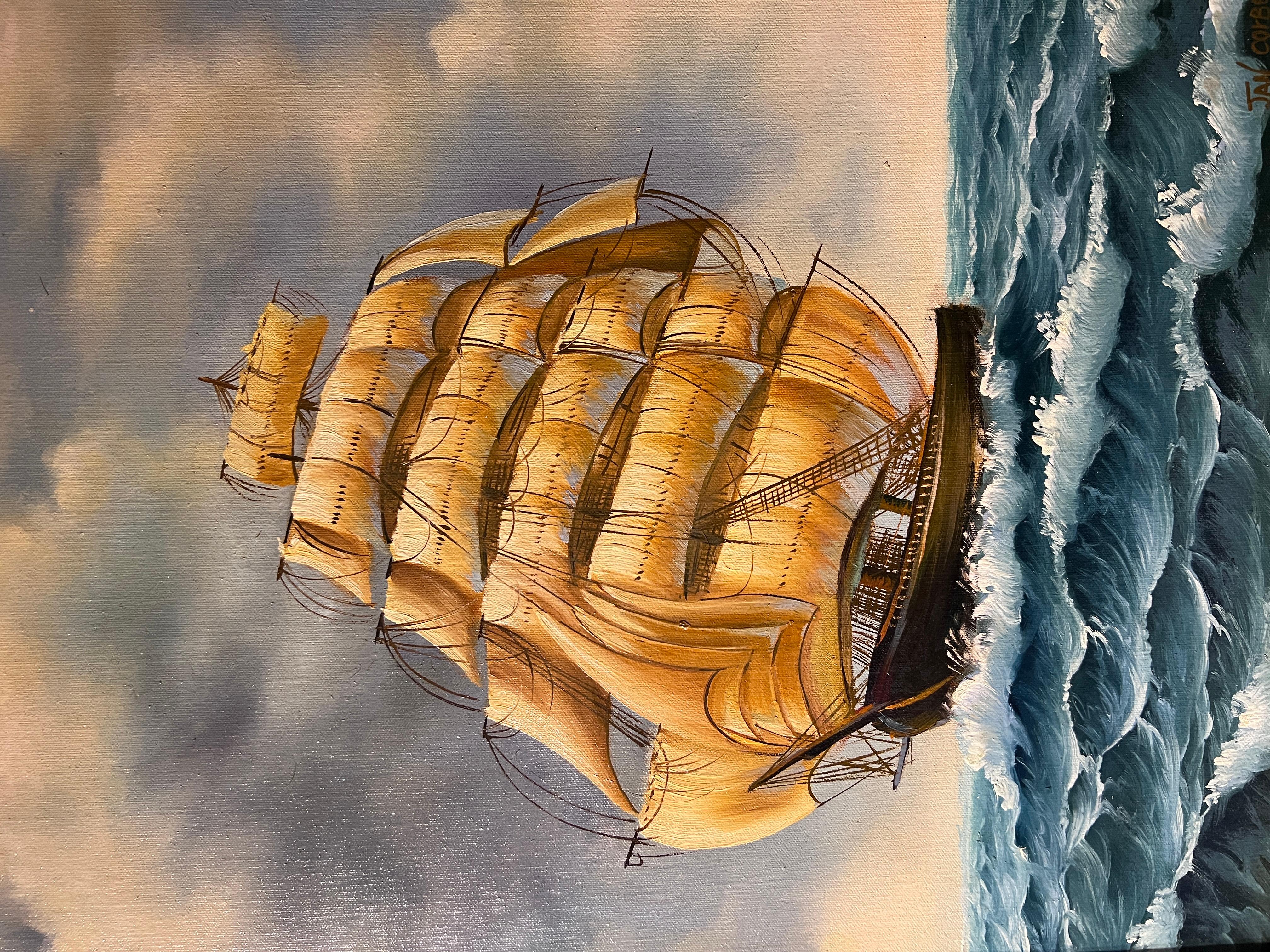 Jan Corbert, dipinto originale a olio su tela, paesaggio marino, Nave a vela al tramonto 3