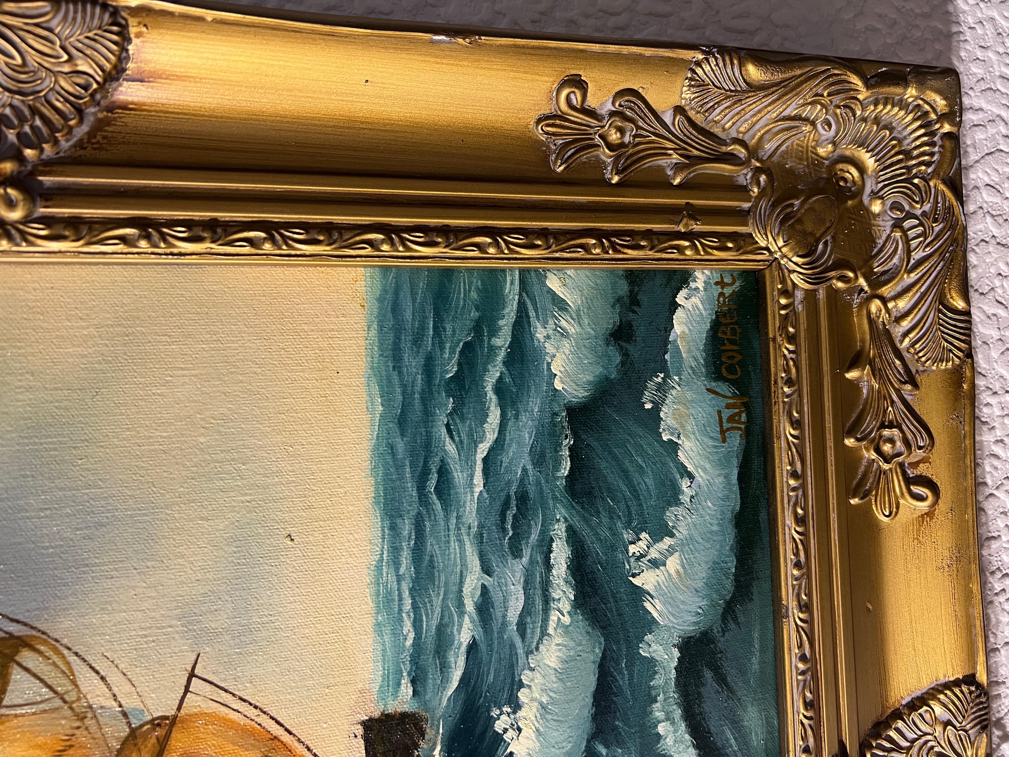 Jan Corbert, dipinto originale a olio su tela, paesaggio marino, Nave a vela al tramonto 8
