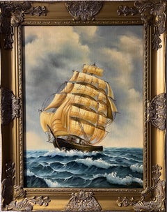 Jan Corbert, dipinto originale a olio su tela, paesaggio marino, Nave a vela al tramonto