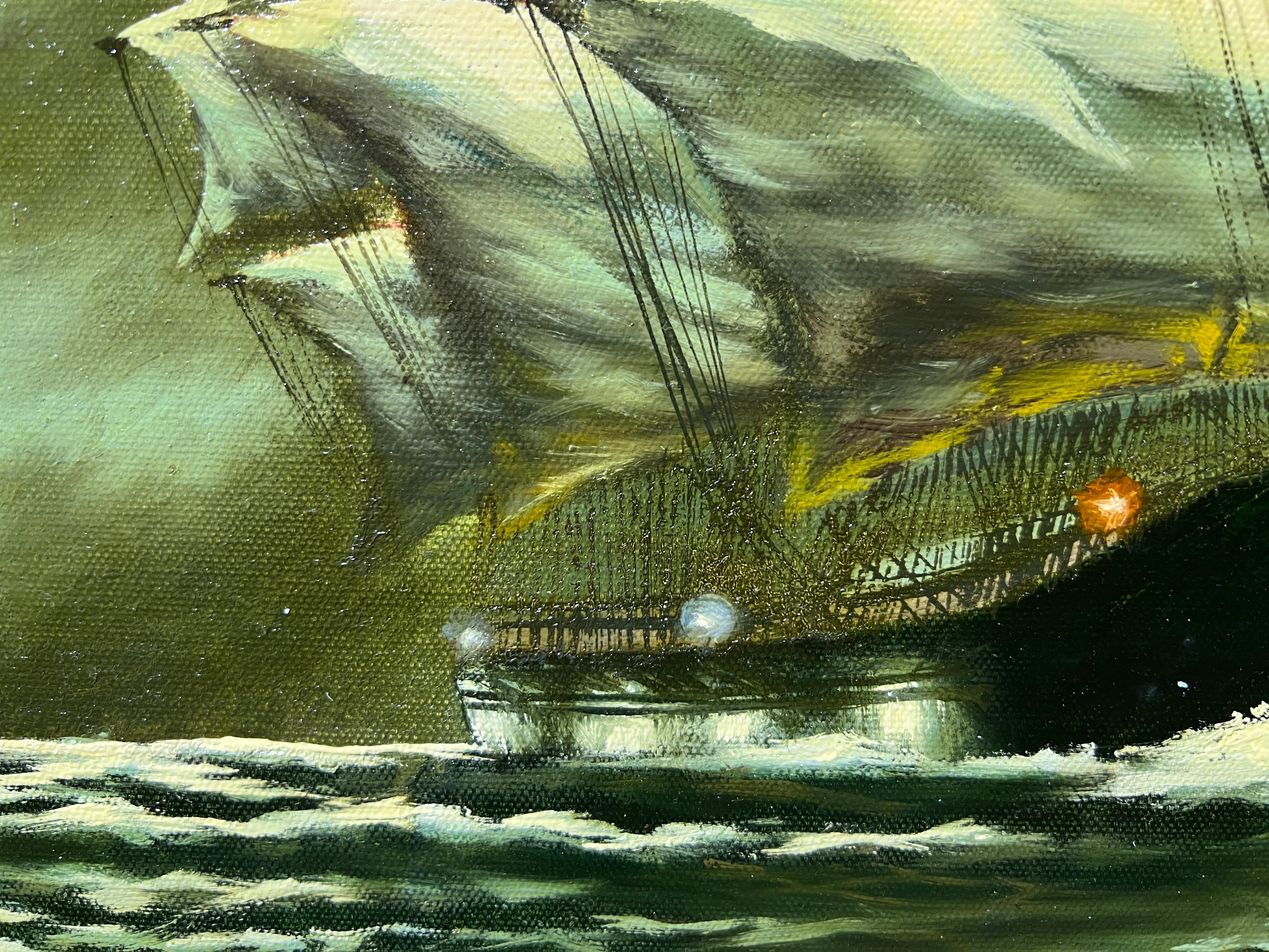 Jan Corbert Pittura ad olio originale su tela, paesaggio marino, nave a vela, cornice dorata 9