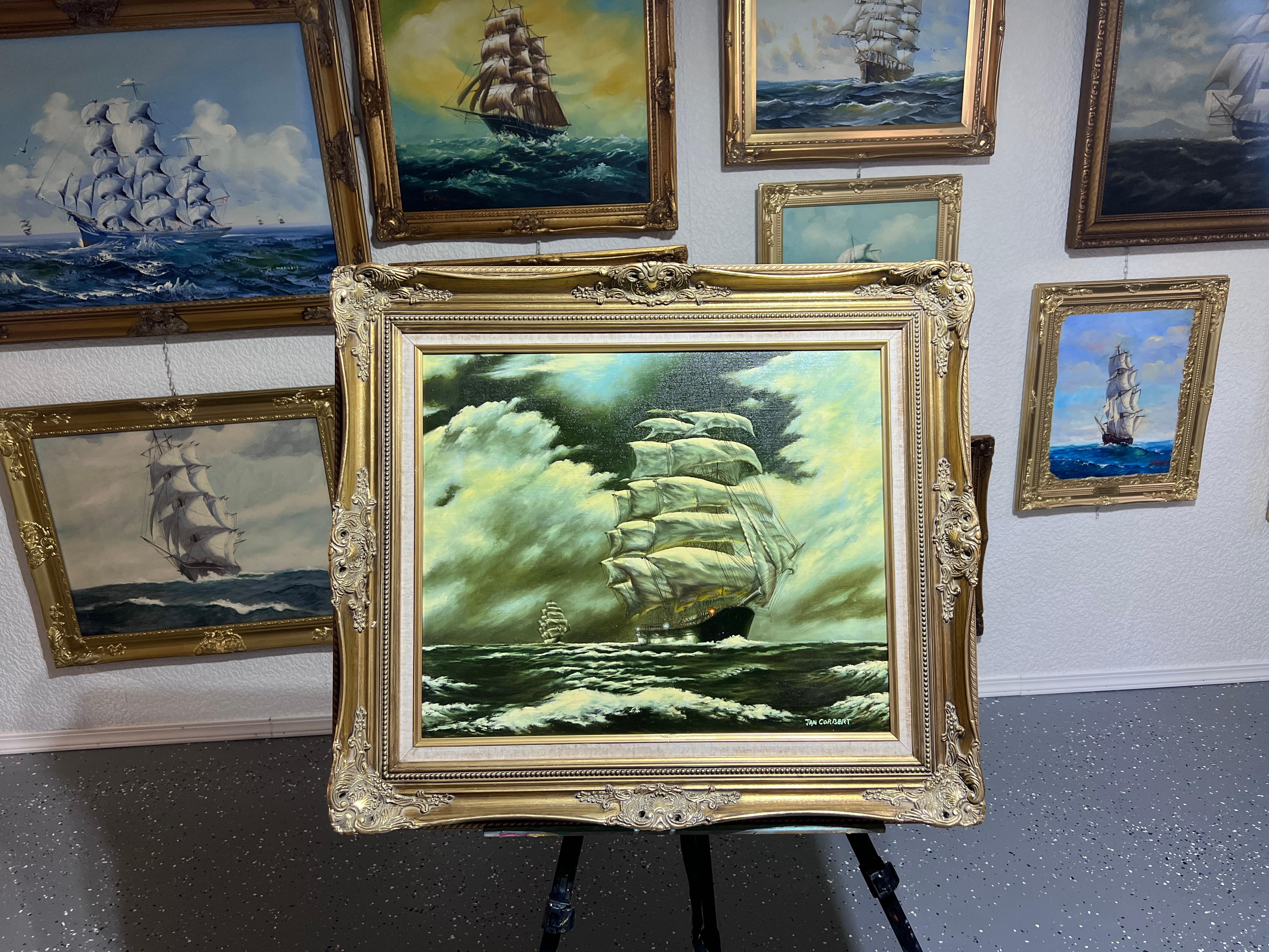 Jan Corbert Pittura ad olio originale su tela, paesaggio marino, nave a vela, cornice dorata 1