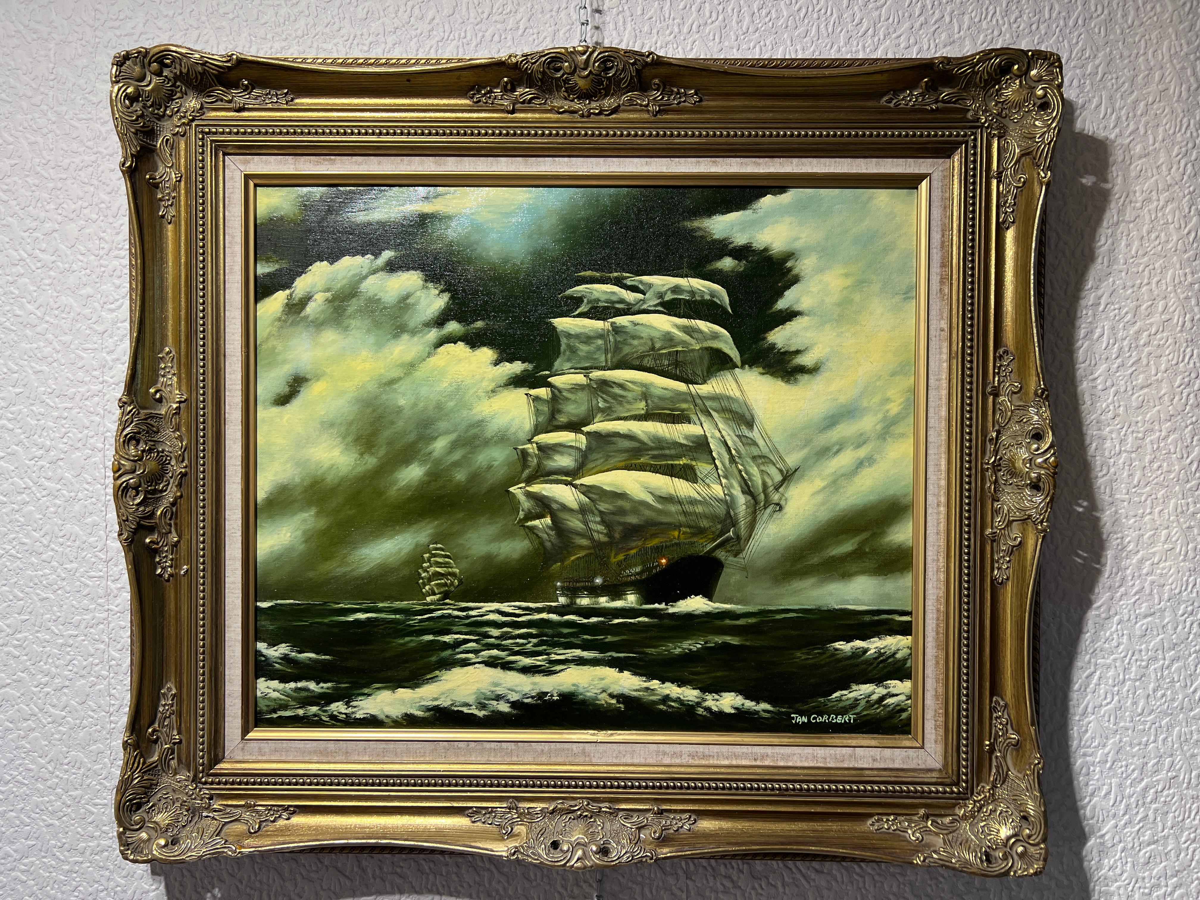 Jan Corbert Pittura ad olio originale su tela, paesaggio marino, nave a vela, cornice dorata 2