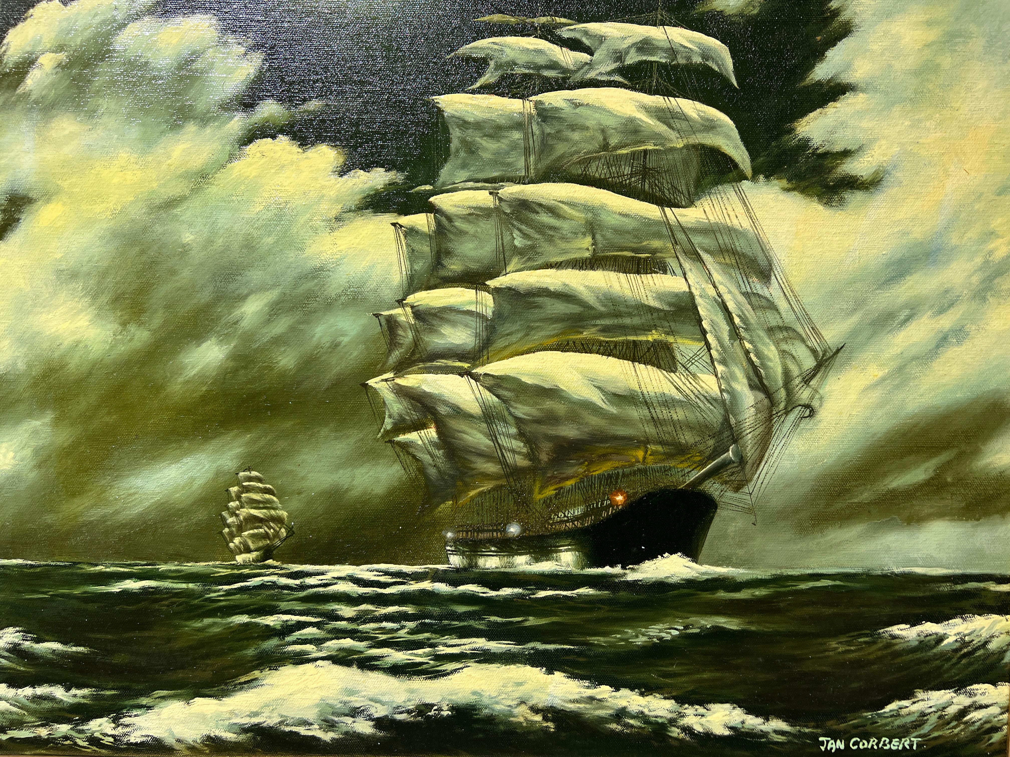 Jan Corbert Pittura ad olio originale su tela, paesaggio marino, nave a vela, cornice dorata 3