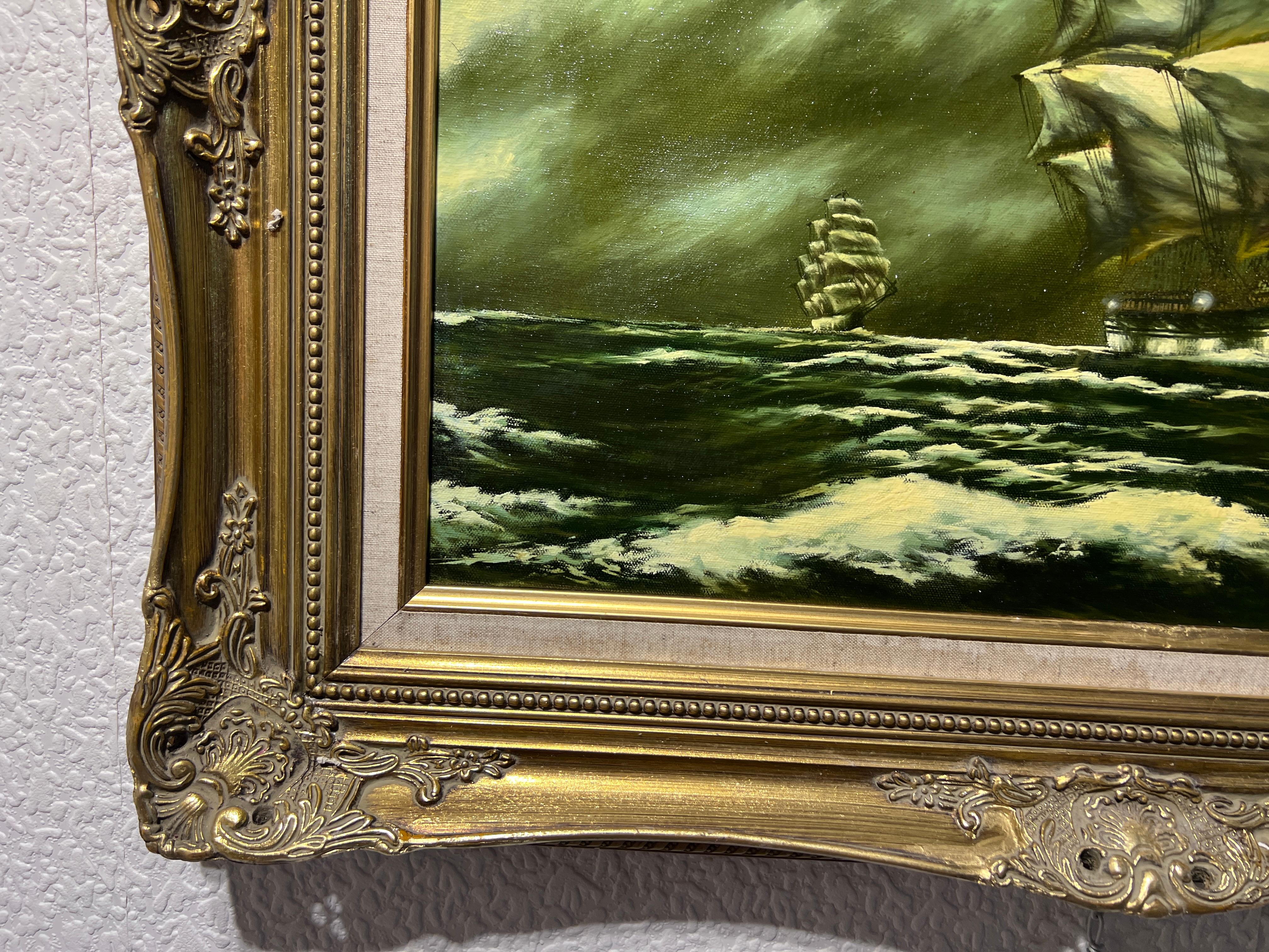 Jan Corbert Pittura ad olio originale su tela, paesaggio marino, nave a vela, cornice dorata 4