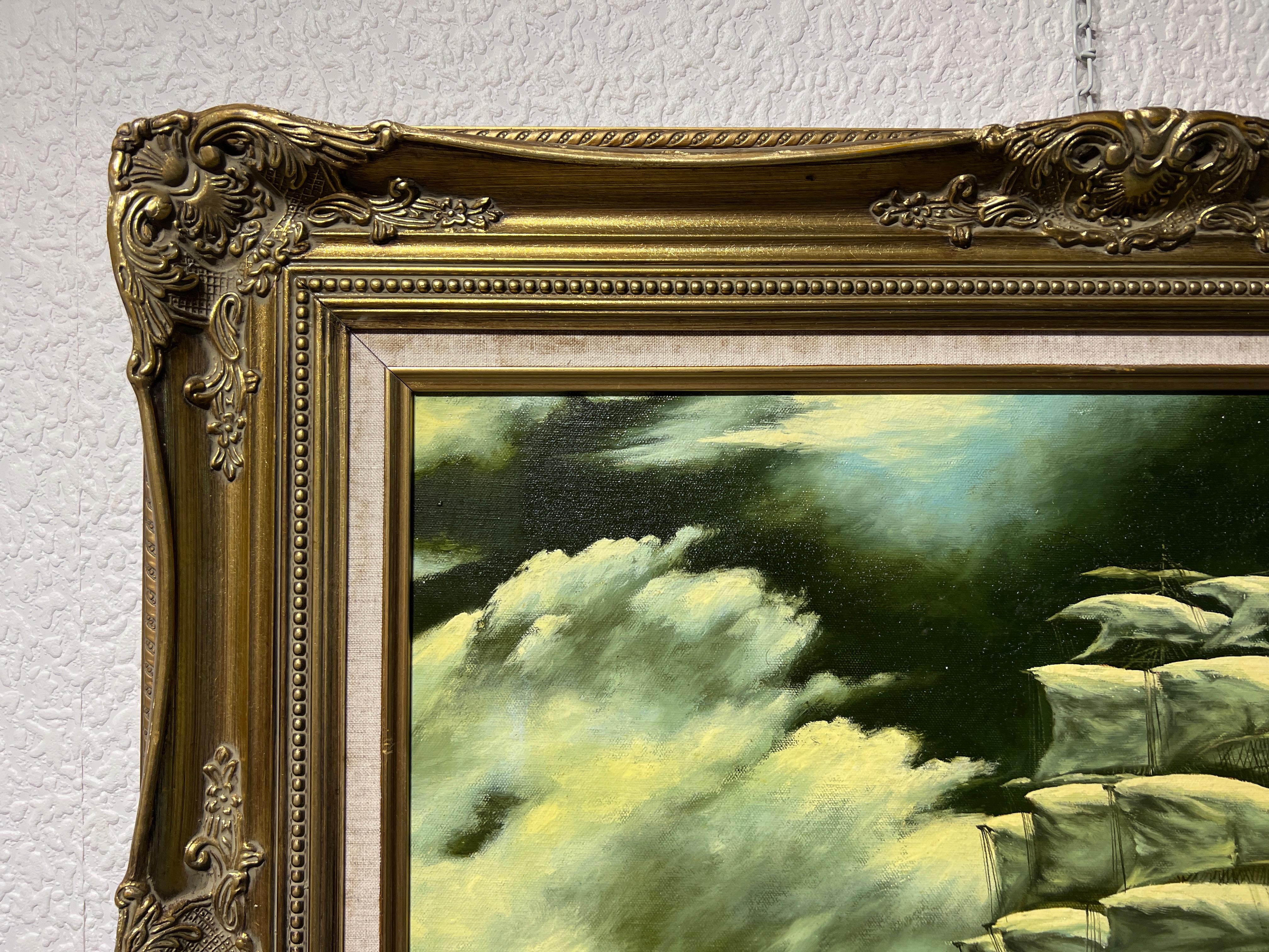 Jan Corbert Pittura ad olio originale su tela, paesaggio marino, nave a vela, cornice dorata 5