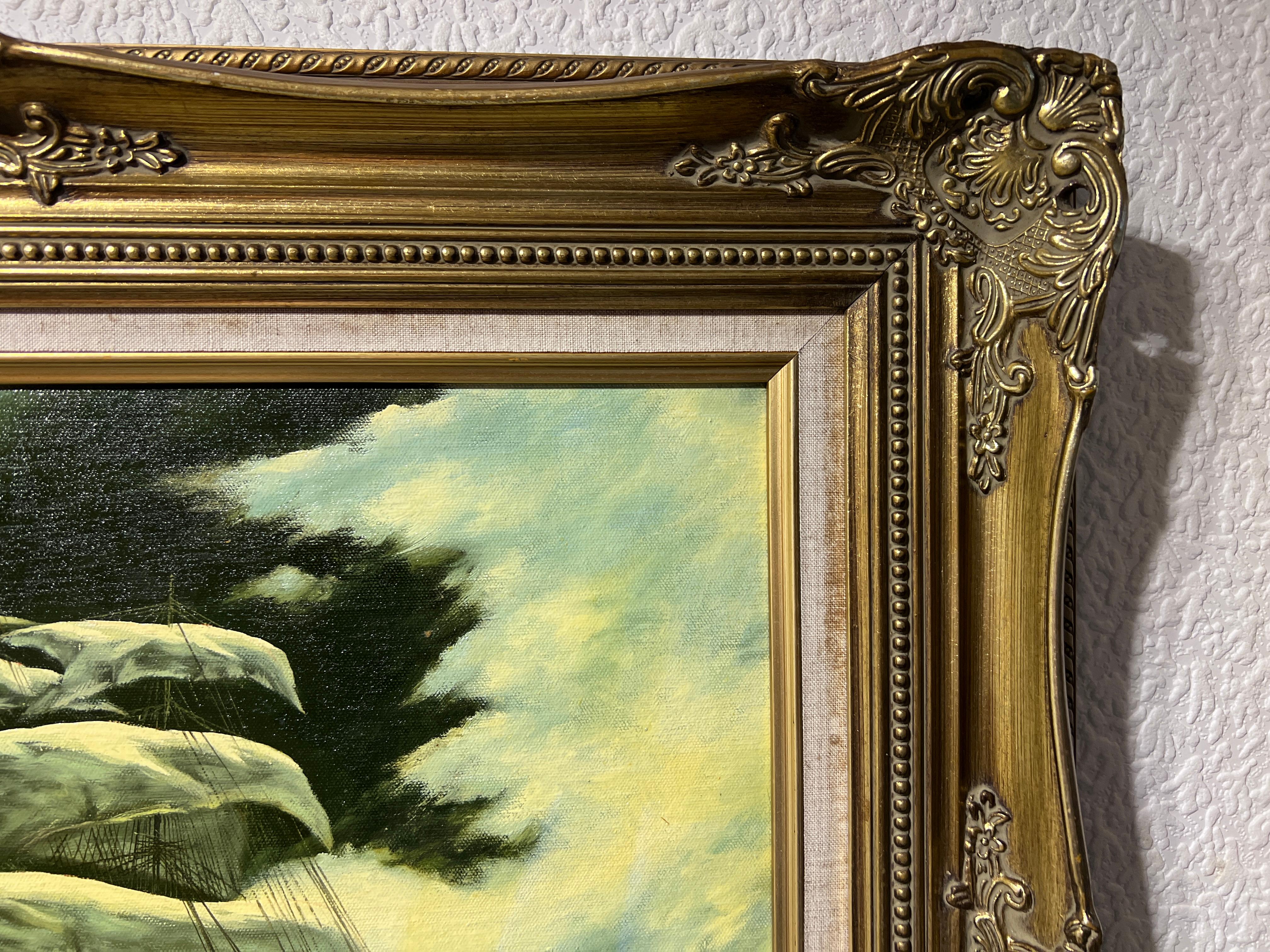 Jan Corbert Pittura ad olio originale su tela, paesaggio marino, nave a vela, cornice dorata 6