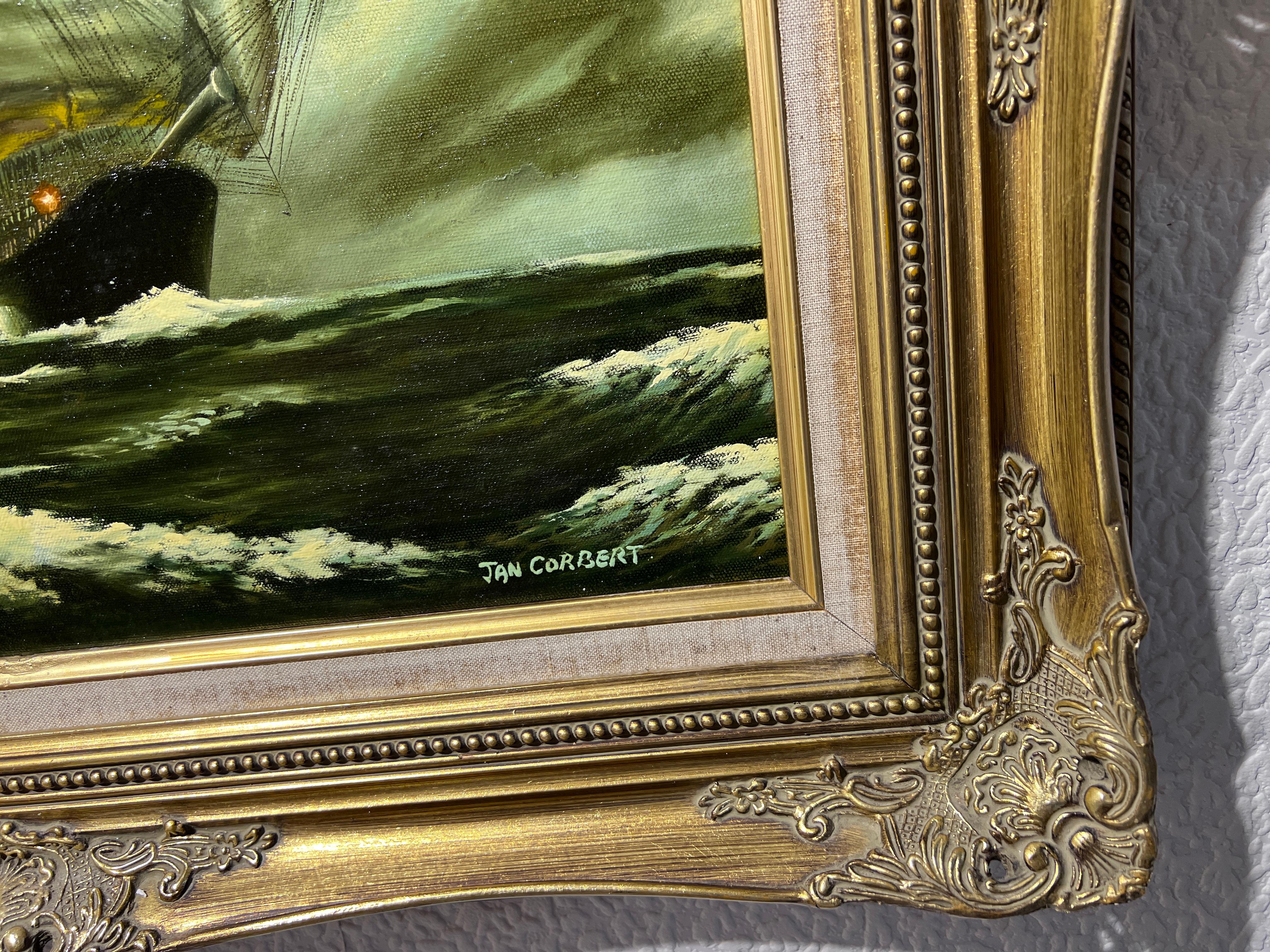 Jan Corbert Pittura ad olio originale su tela, paesaggio marino, nave a vela, cornice dorata 7
