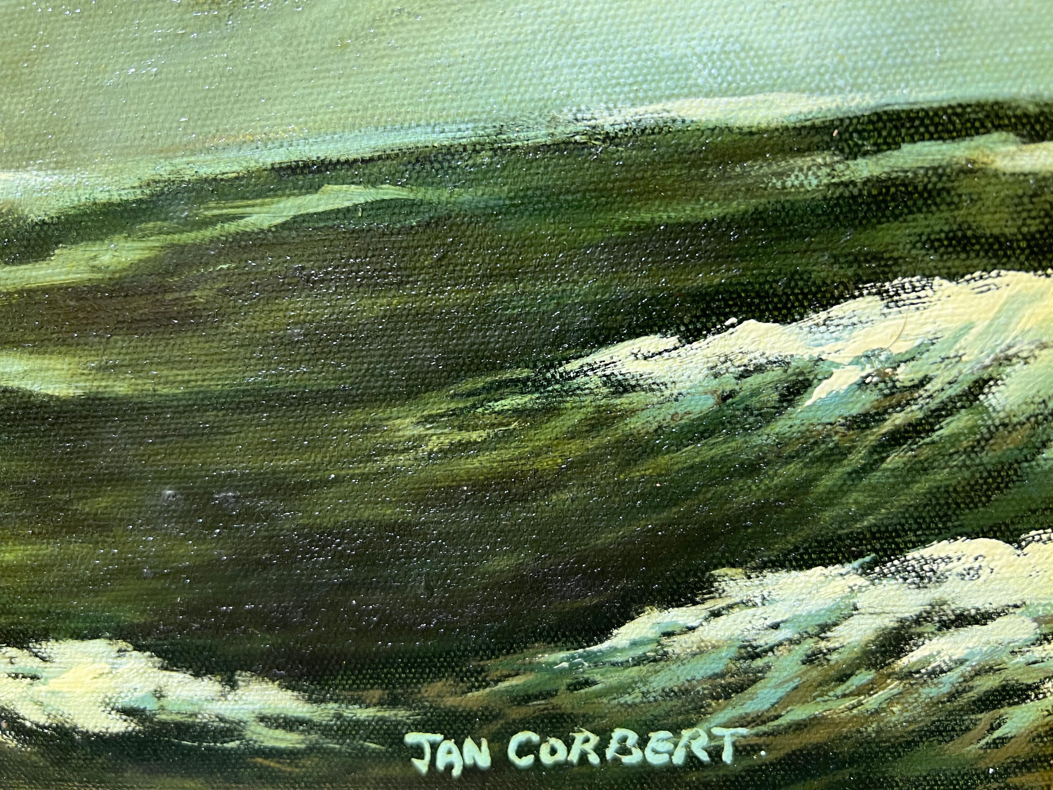 Jan Corbert Pittura ad olio originale su tela, paesaggio marino, nave a vela, cornice dorata 8
