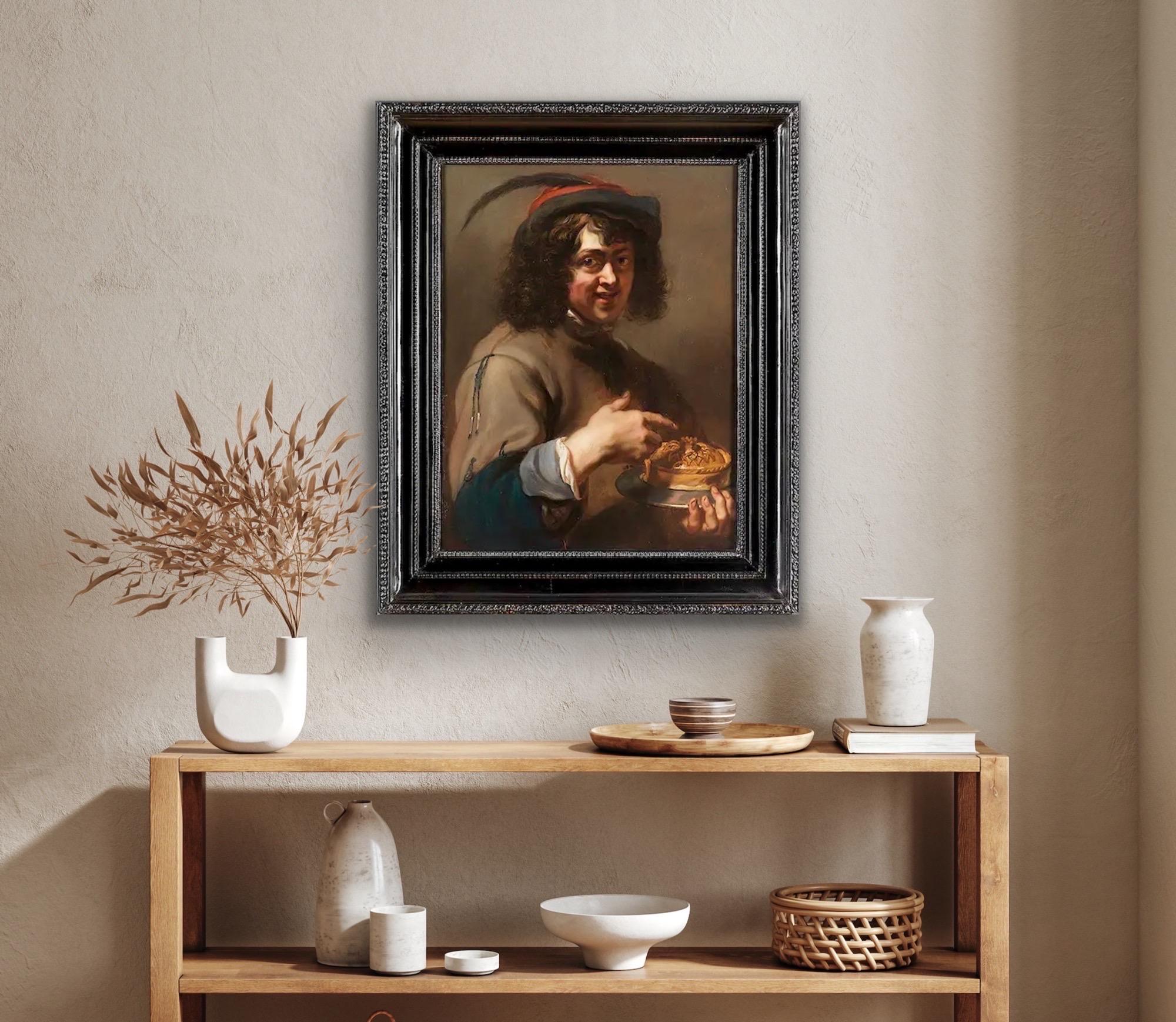 Flämischer Alter Meister des 17. Jahrhunderts - Ein Junge genießt eine Pastete, Allegorie des Geschmacks – Painting von  Jan Cossiers