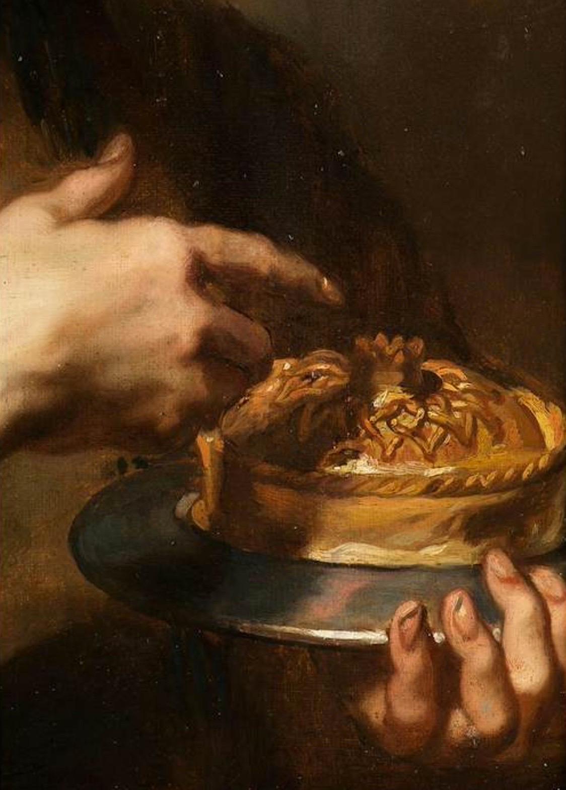 17th century Flemish Old Master - A young boy enjoying a pie, allegory of taste - Old Masters Painting by  Jan Cossiers