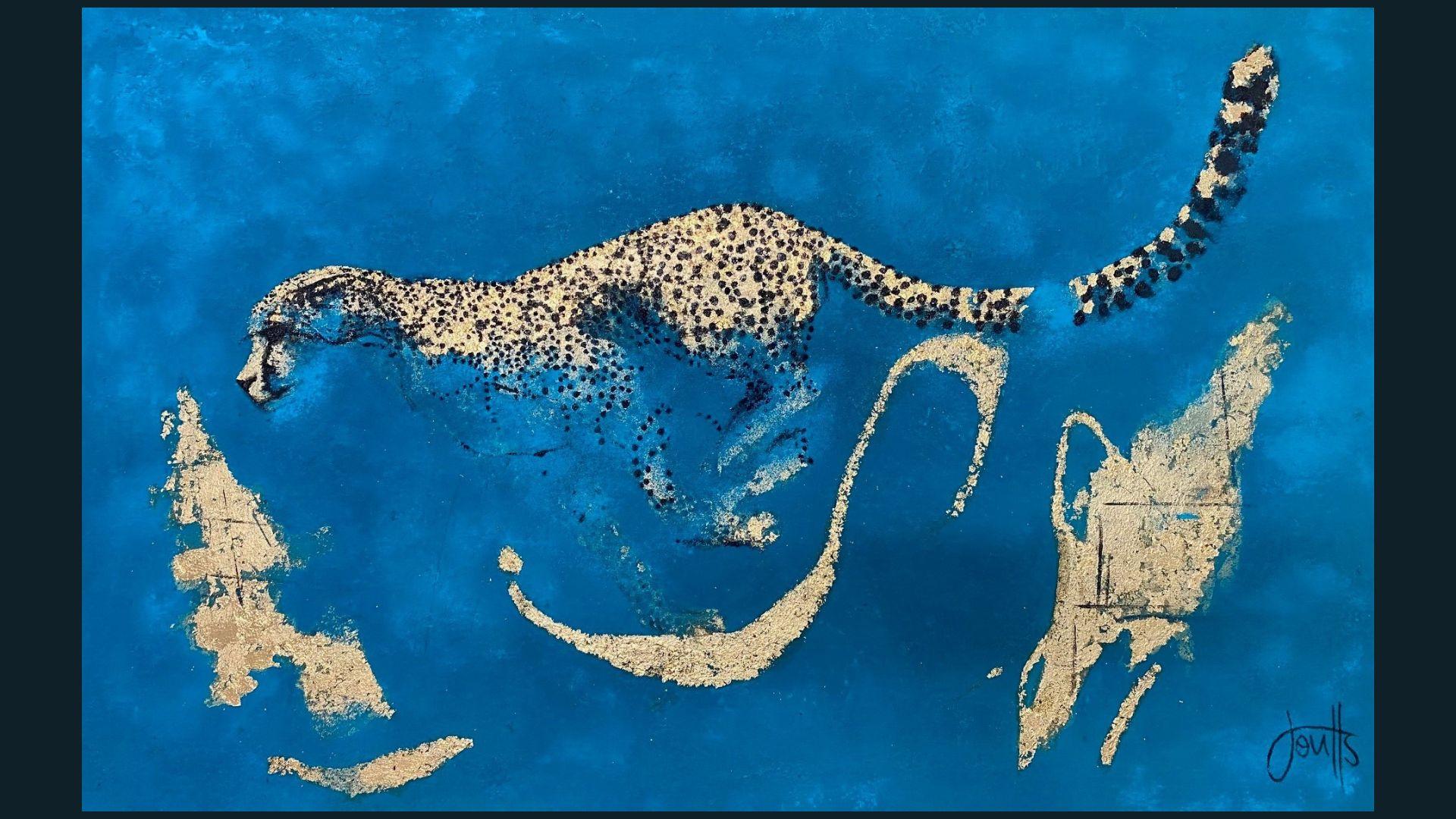 Dancing Through the Koppies - Jan Coutts, Cheetah, Türkis, Afrikanisch, Tiere im Angebot 2