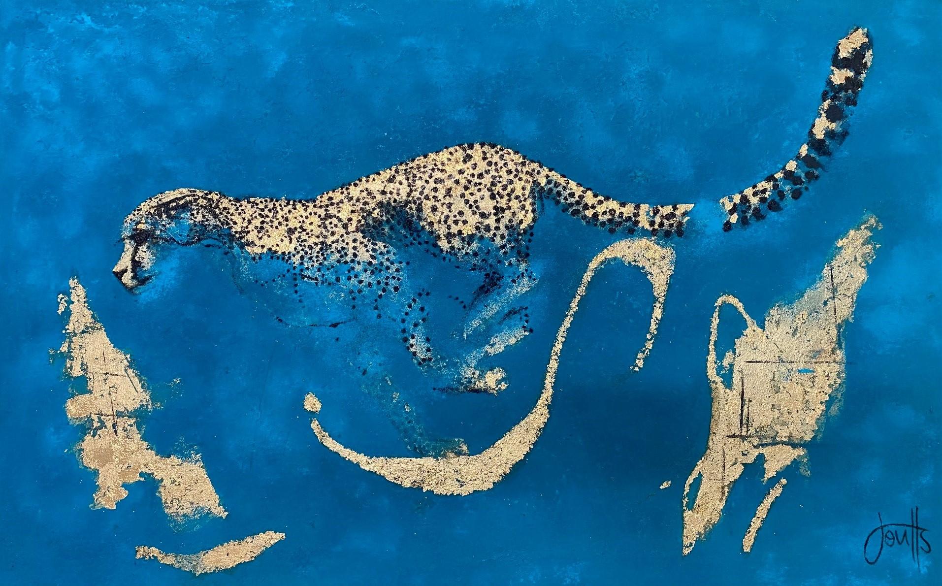 Dancing Through The Koppies by Jan Coutts. A striking creation with mixed media including gold Leaf & Cobalt Turquoise Pigment - it depicts one of Coutts's most treasured subjects to paint - the Cheetah. Appearing in an alert manner as it passes