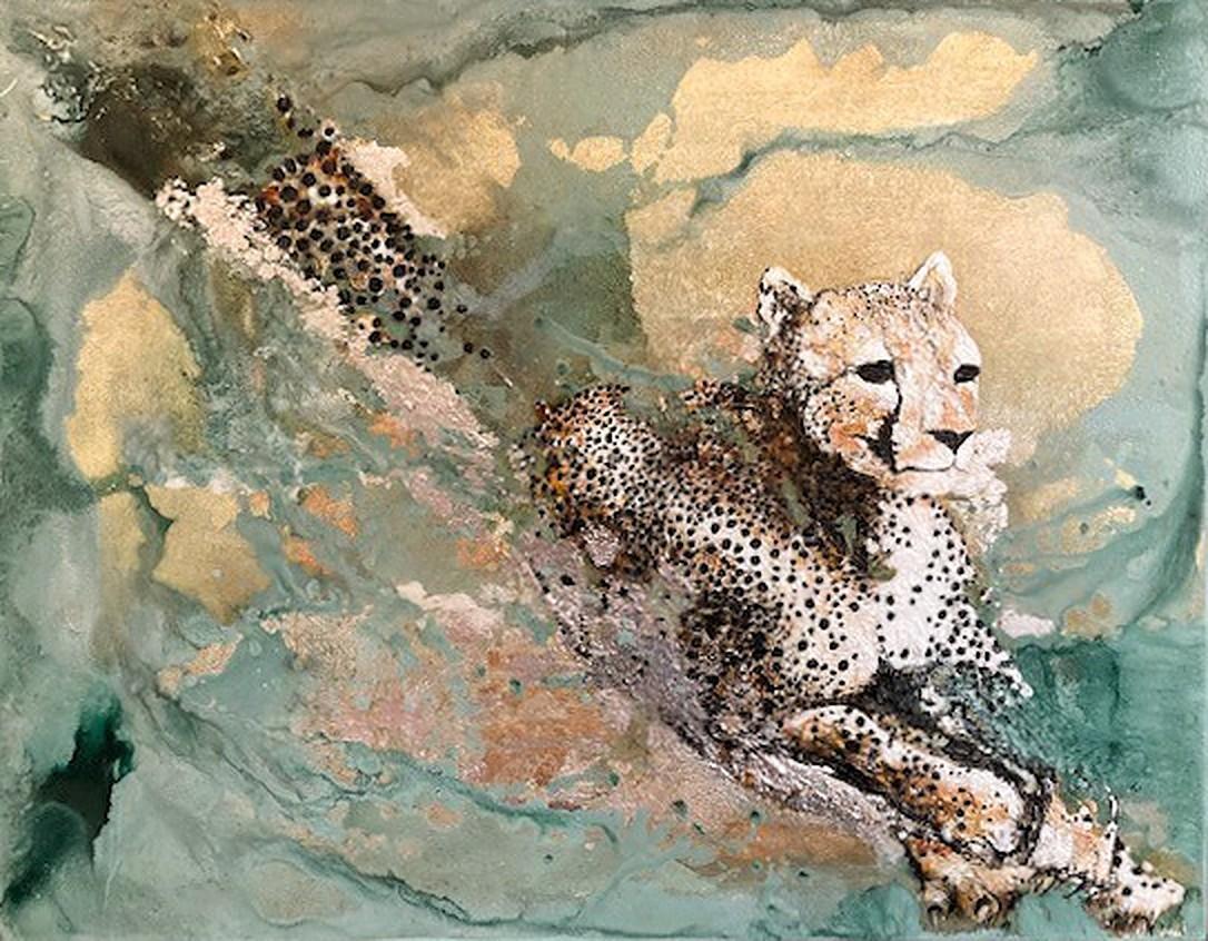 Dawn Hunt -New Zelander, Cheetah, Serengeti, Africa, Animal, Elusive, Wild, Gold - Mixed Media Art by Jan Coutts