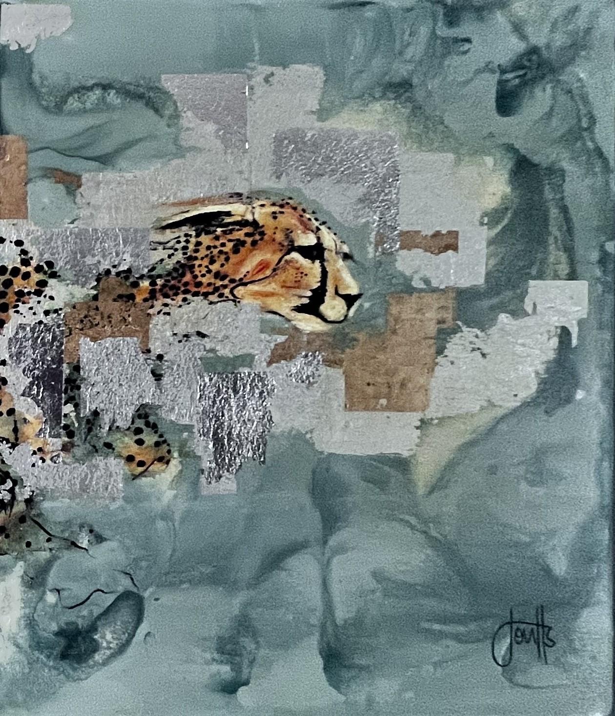 Früher Morgen, Suche nach Serengeti, Afrika, Tier, Geparden, Mixed Media, Triptychon (Silber), Animal Painting, von Jan Coutts