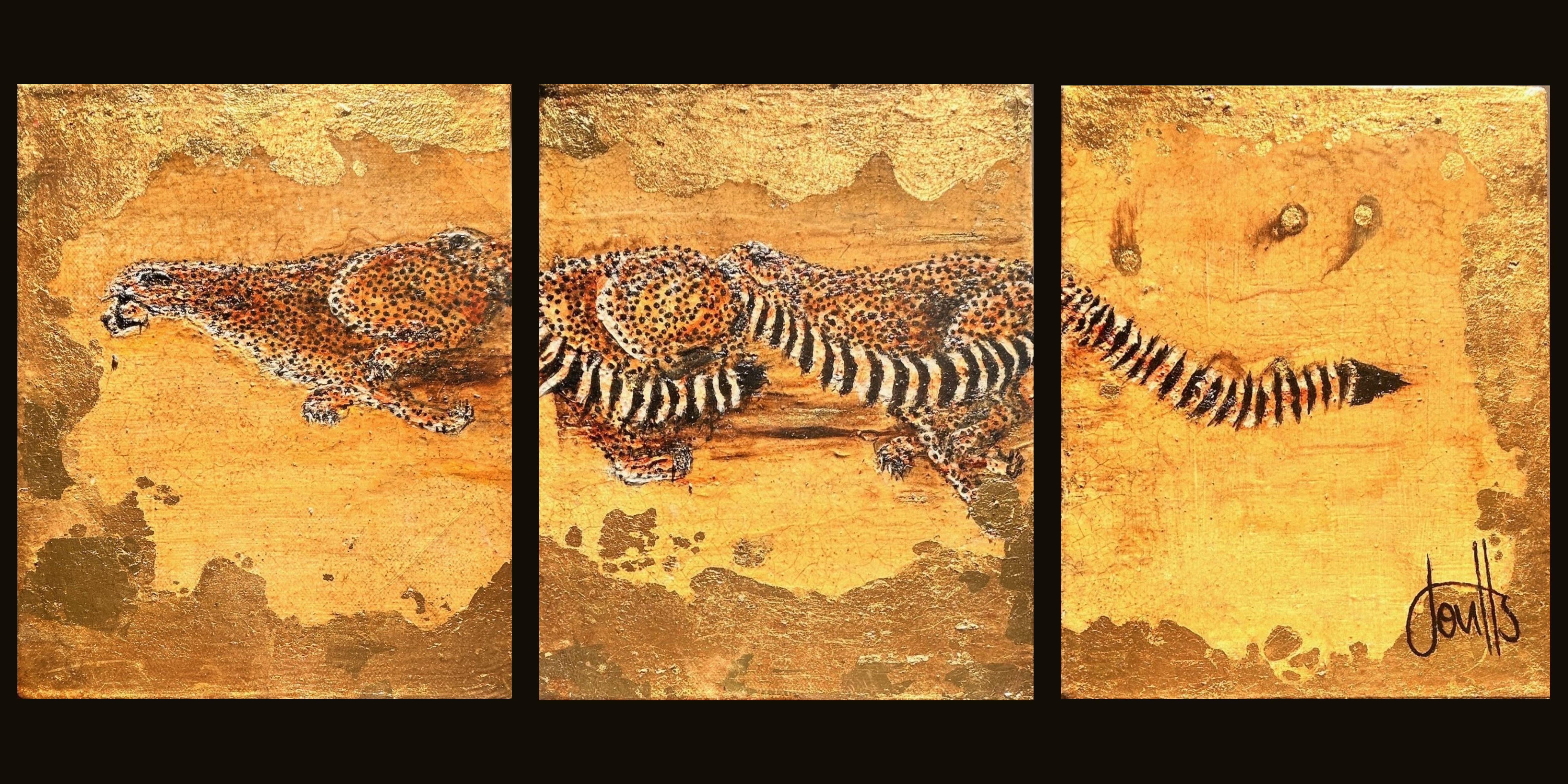 Trio Serengeti -Jan Coutts, ghepardo, fauna selvatica, oro, africano, animali, sprint in vendita 2