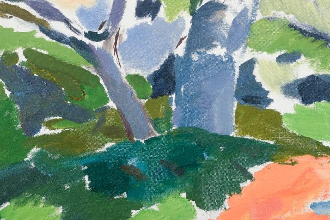 Late 20th Century Jan Dahlin, Swedish artist. Oil on canvas. Coloristic summer landscape For Sale