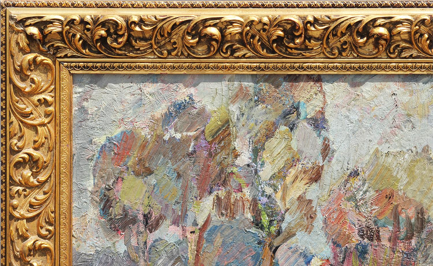 Bunte Pastelltöne Mitte des Jahrhunderts Abstrakt Impressionistisch Polnisch Bauernhof Landschaft – Painting von Jan Dasewicz