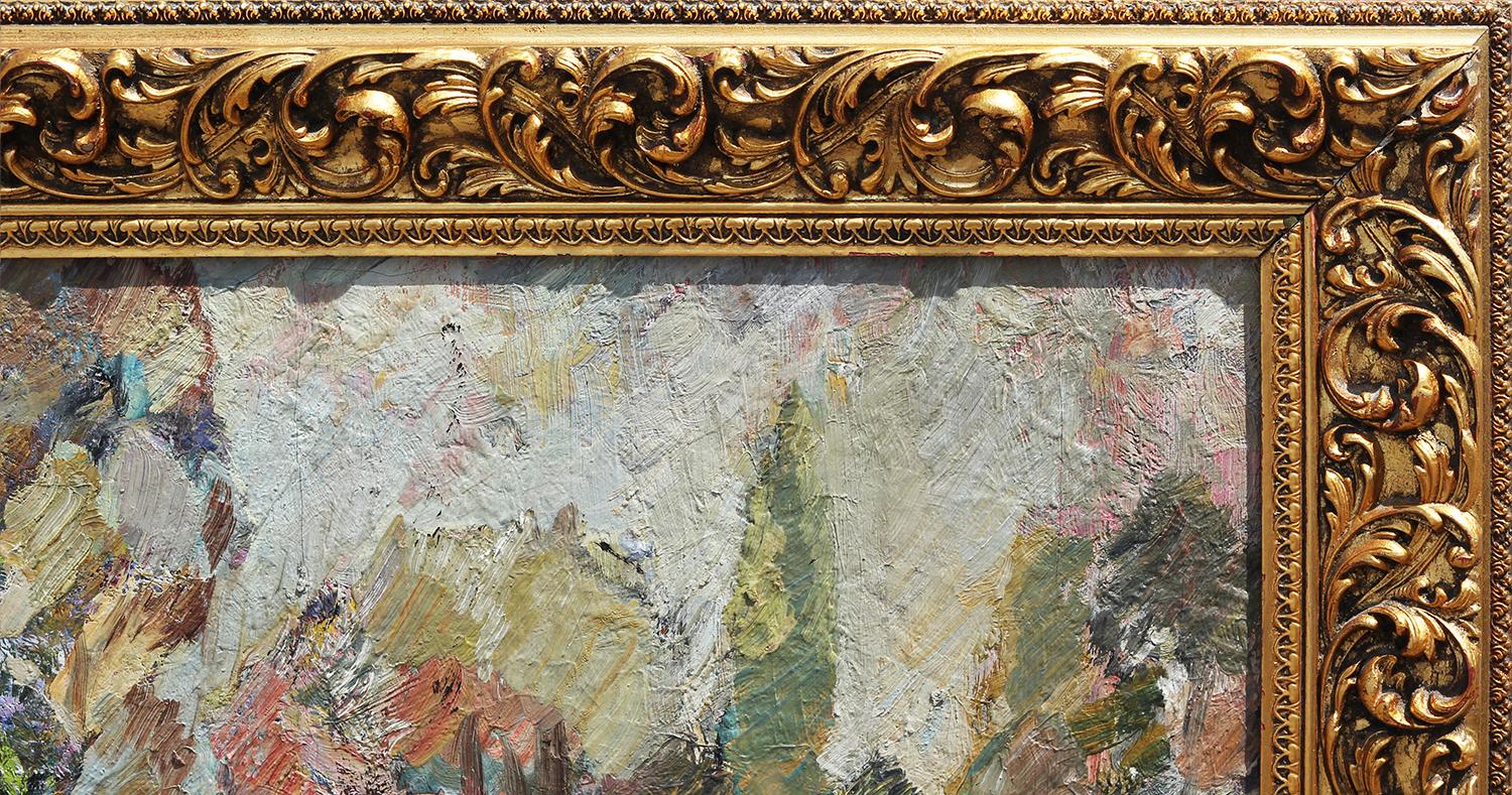 Bunte Pastelltöne Mitte des Jahrhunderts Abstrakt Impressionistisch Polnisch Bauernhof Landschaft (Abstrakter Impressionismus), Painting, von Jan Dasewicz