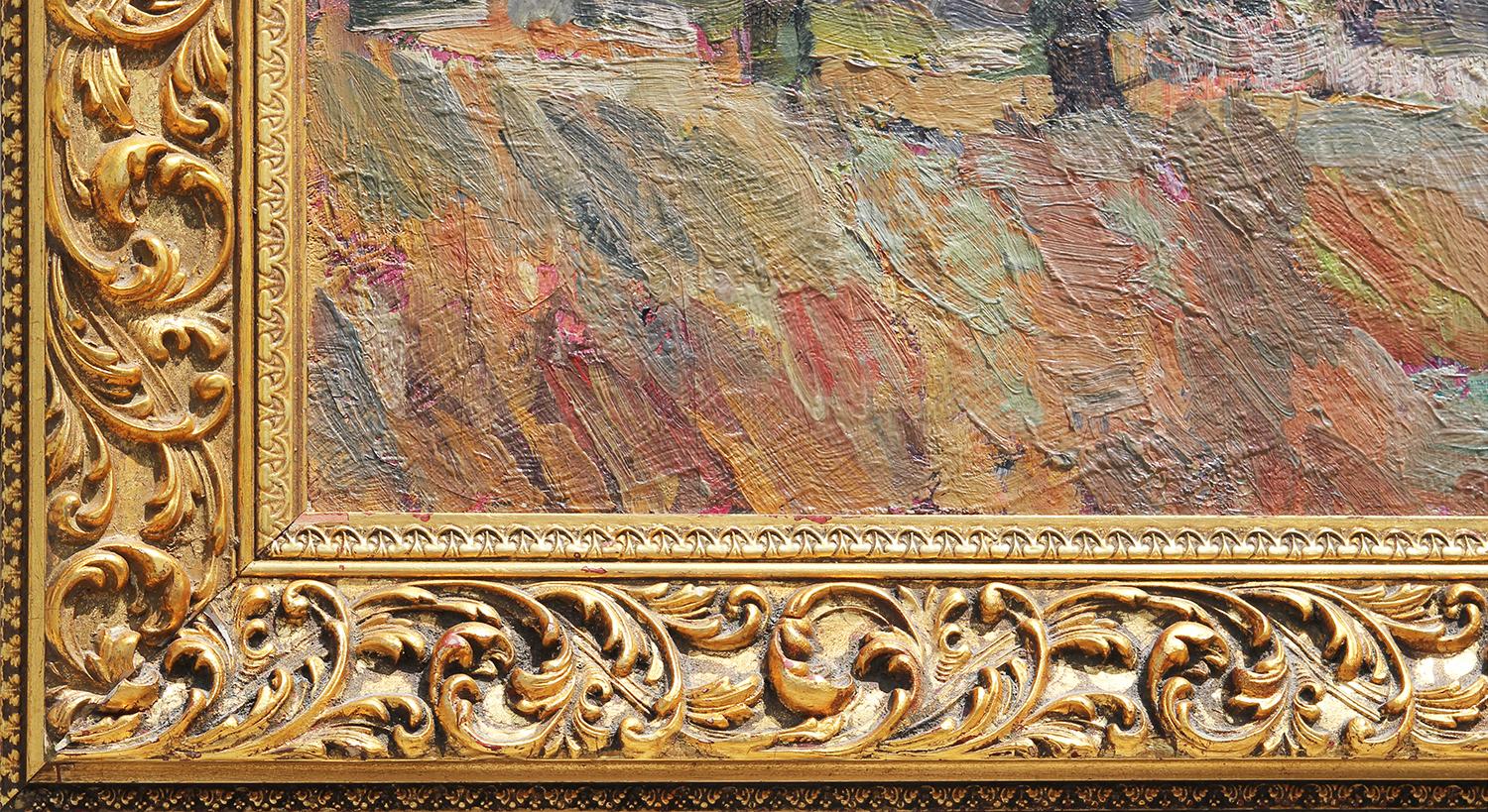 Bunte Pastelltöne Mitte des Jahrhunderts Abstrakt Impressionistisch Polnisch Bauernhof Landschaft (Braun), Landscape Painting, von Jan Dasewicz
