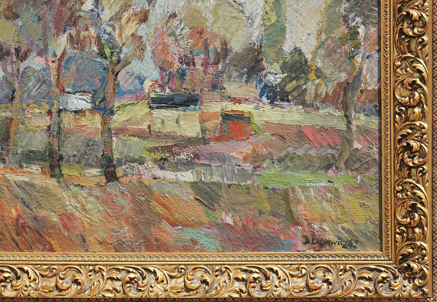 Abstraktes impressionistisches Landschaftsgemälde des polnischen Künstlers Jan Dasewicz. Rosa:: lila:: blau und grünes Pastellölgemälde:: das ein Haus an einem Teich auf einem Bauernhof darstellt. Gerahmt und mattiert in einem goldenen und roten