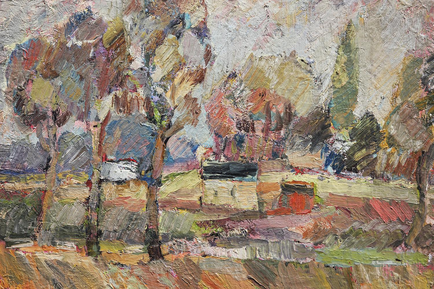 Bunte Pastelltöne Mitte des Jahrhunderts Abstrakt Impressionistisch Polnisch Bauernhof Landschaft 1