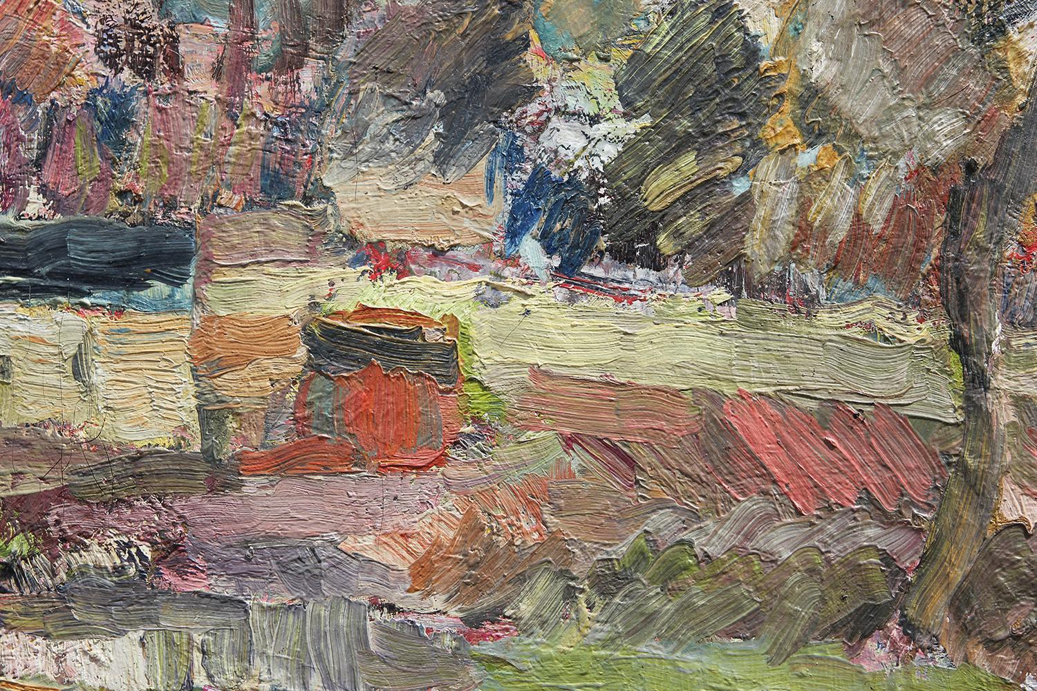 Bunte Pastelltöne Mitte des Jahrhunderts Abstrakt Impressionistisch Polnisch Bauernhof Landschaft 2