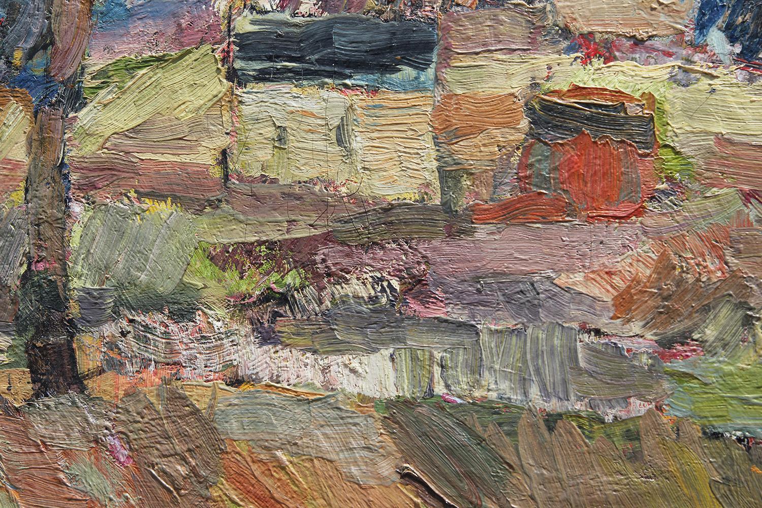 Bunte Pastelltöne Mitte des Jahrhunderts Abstrakt Impressionistisch Polnisch Bauernhof Landschaft 3