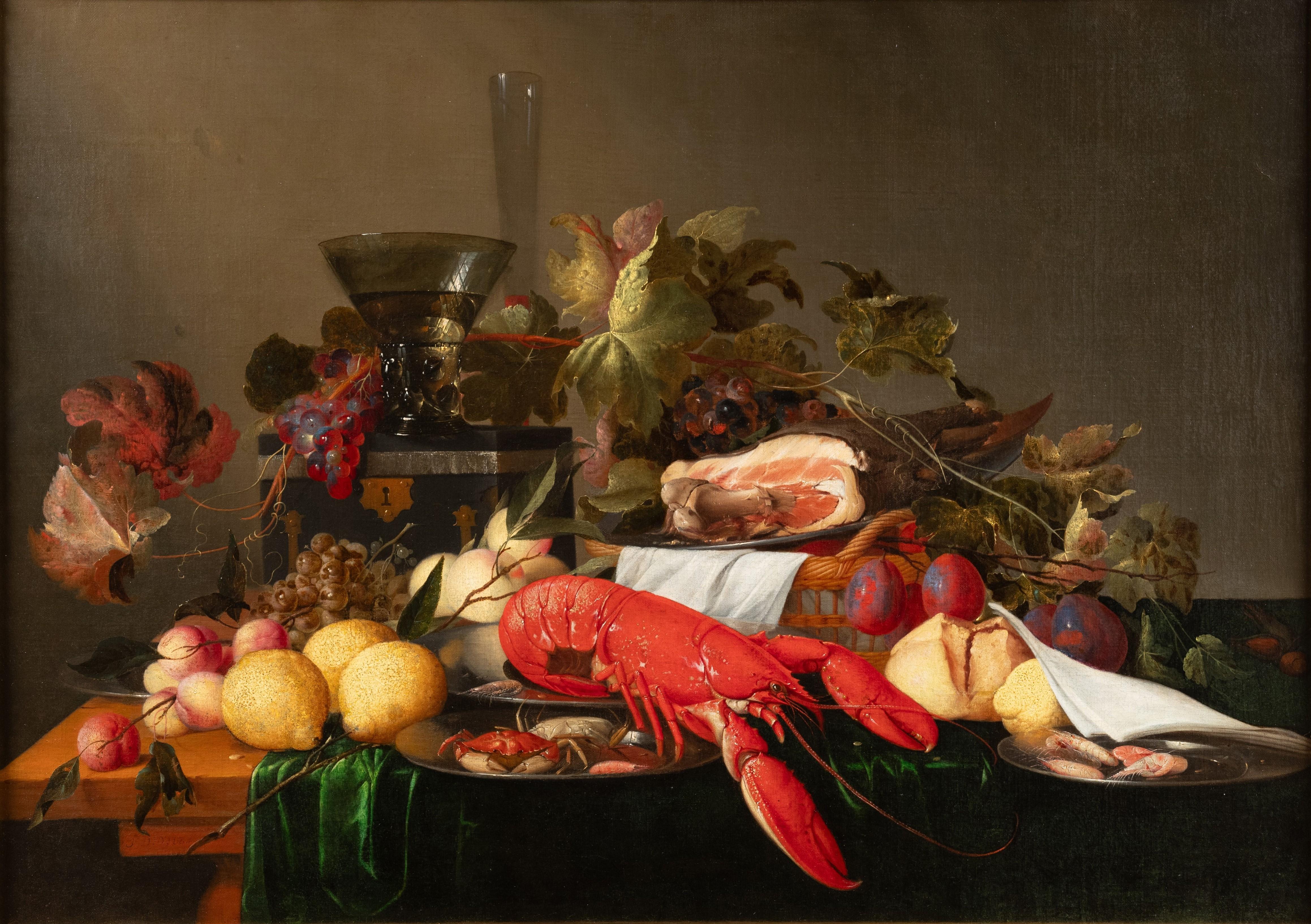 Nature morte luxueuse avec homard, jambon et fruits, 17e école d'Anvers, de Heem - Painting de Jan Davidsz De Heem
