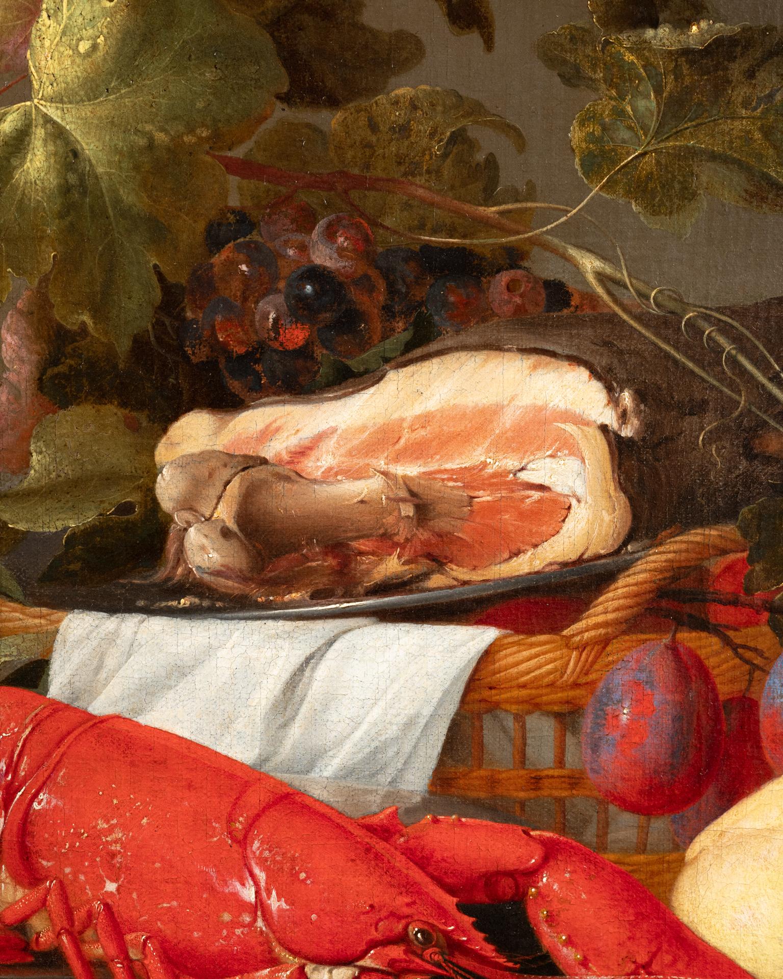 Une nature morte de luxe avec du homard, du jambon et des fruits
Studio de Jan Davidsz de Heem (Utrecht, 1606 - Anvers, 1683-84)
École anversoise du 17e siècle
Les Bears signent J&D Heem  en bas à gauche sur la table

Huile sur toile, dim. h. 78 cm,