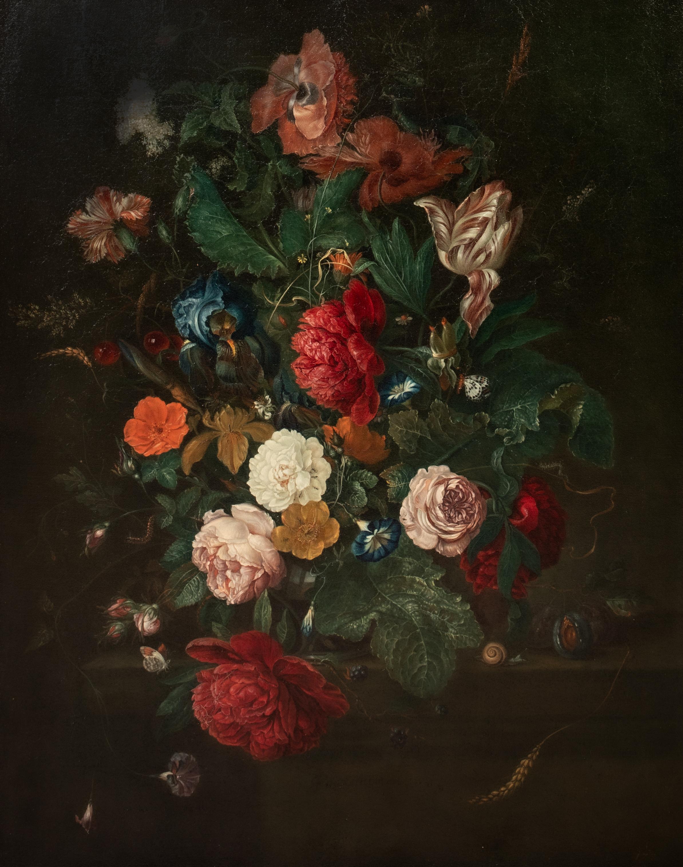 Still Life Of Flowers & Fruit In A Glass Vase Upon A Stone Mantle, 19th Century

by Jan D DE HEEM 

Large 17th century Dutch Old Master still life study of various flowers and fruit in a glass vase upon a stone mantle, oil on canvas. Excellent