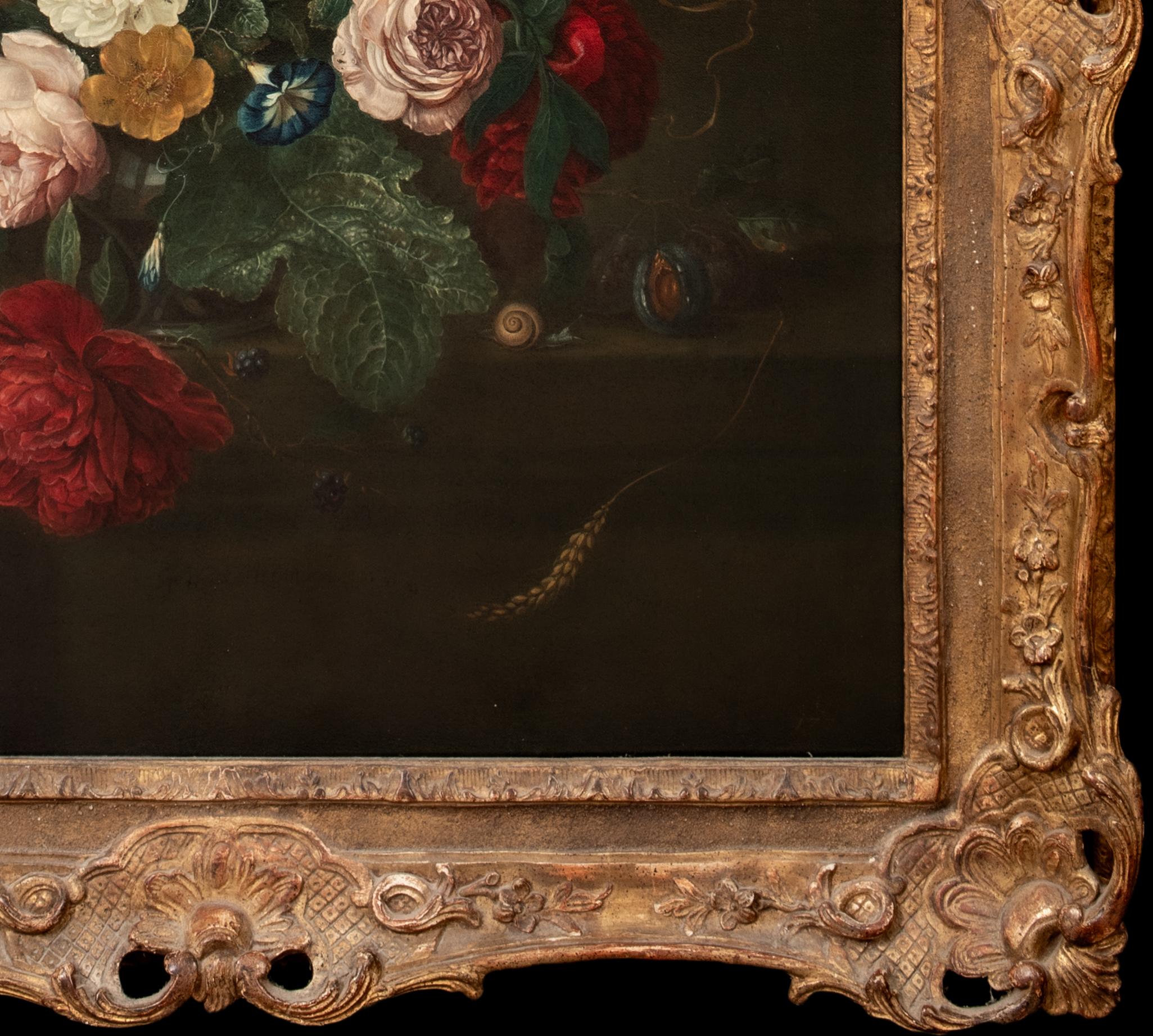 Still Life Of Flowers & Fruit In A Glass Vase Upon A Stone Mantle, 17th Century  For Sale 1