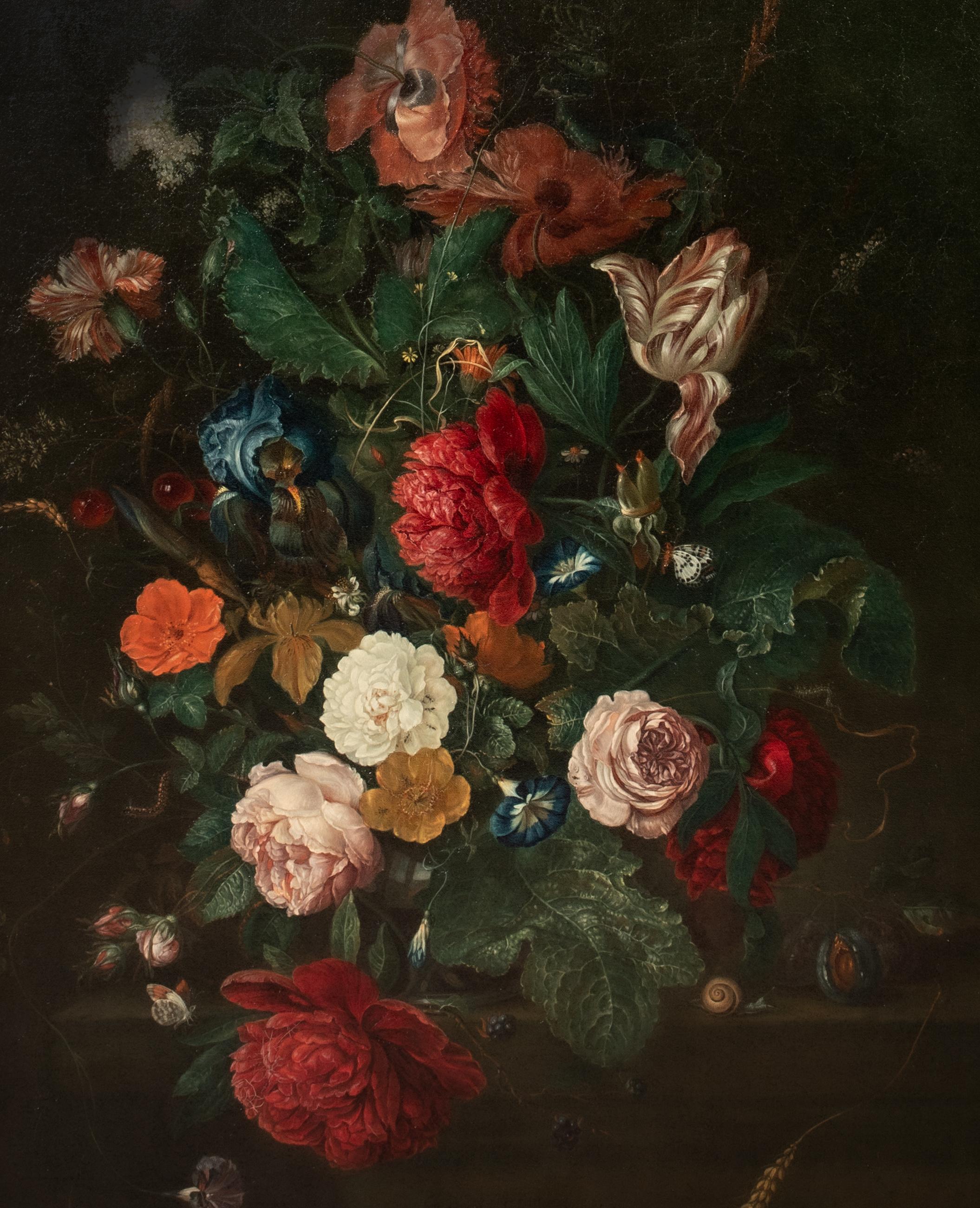 Still Life Of Flowers & Fruit In A Glass Vase Upon A Stone Mantle, 17th Century  For Sale 2