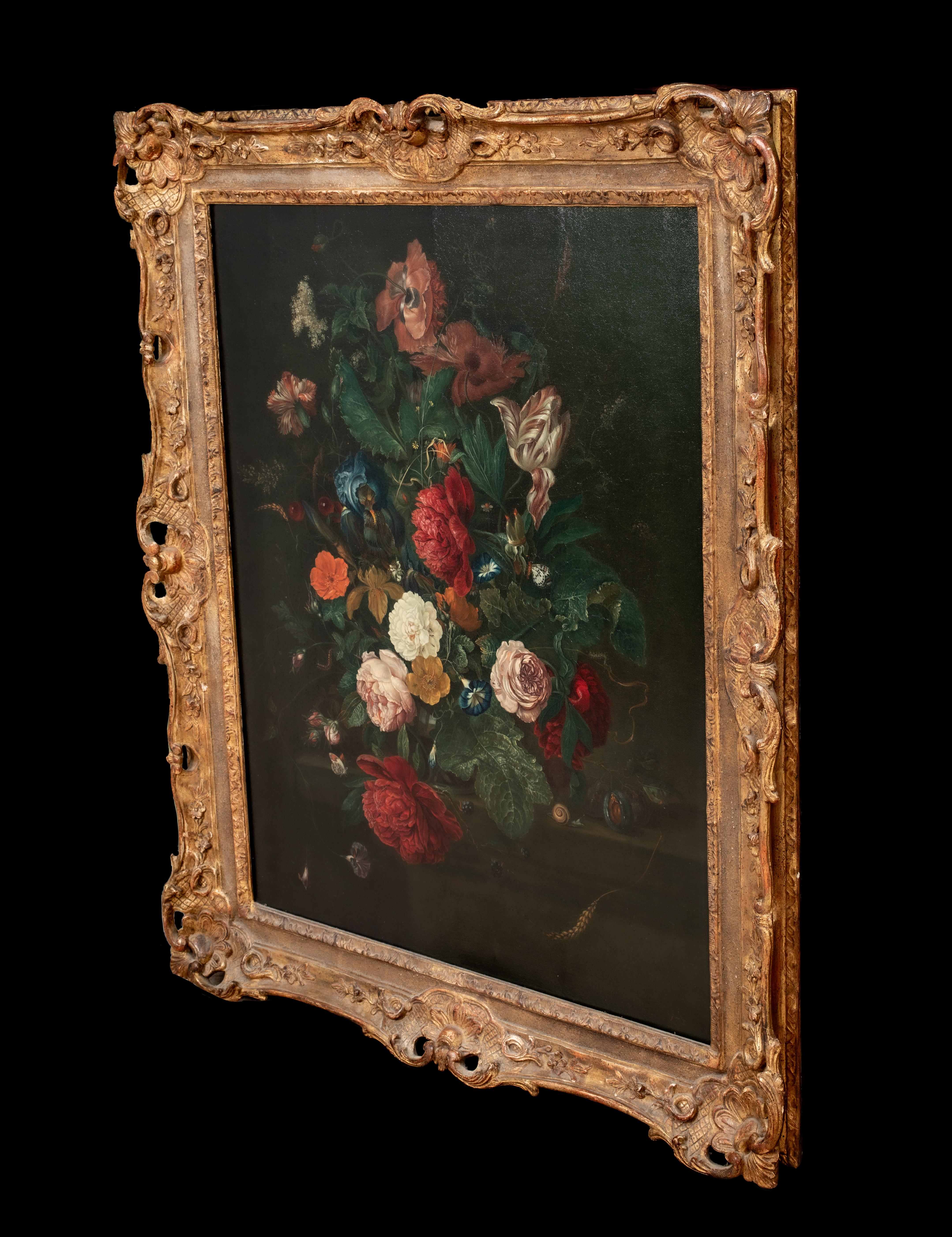 Still Life Of Flowers & Fruit In A Glass Vase Upon A Stone Mantle, 17th Century  For Sale 3
