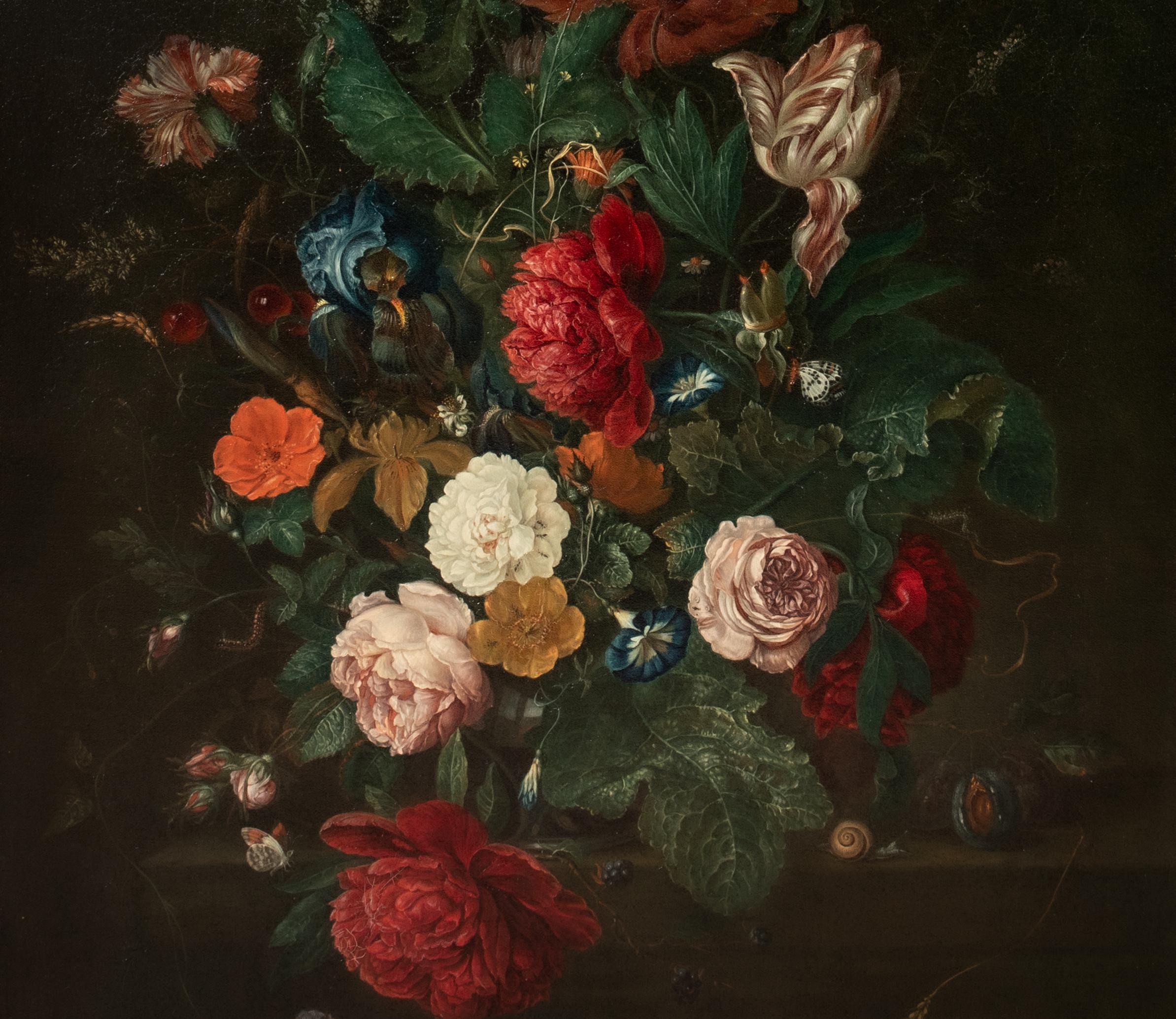 Still Life Of Flowers & Fruit In A Glass Vase Upon A Stone Mantle, 17th Century  For Sale 5