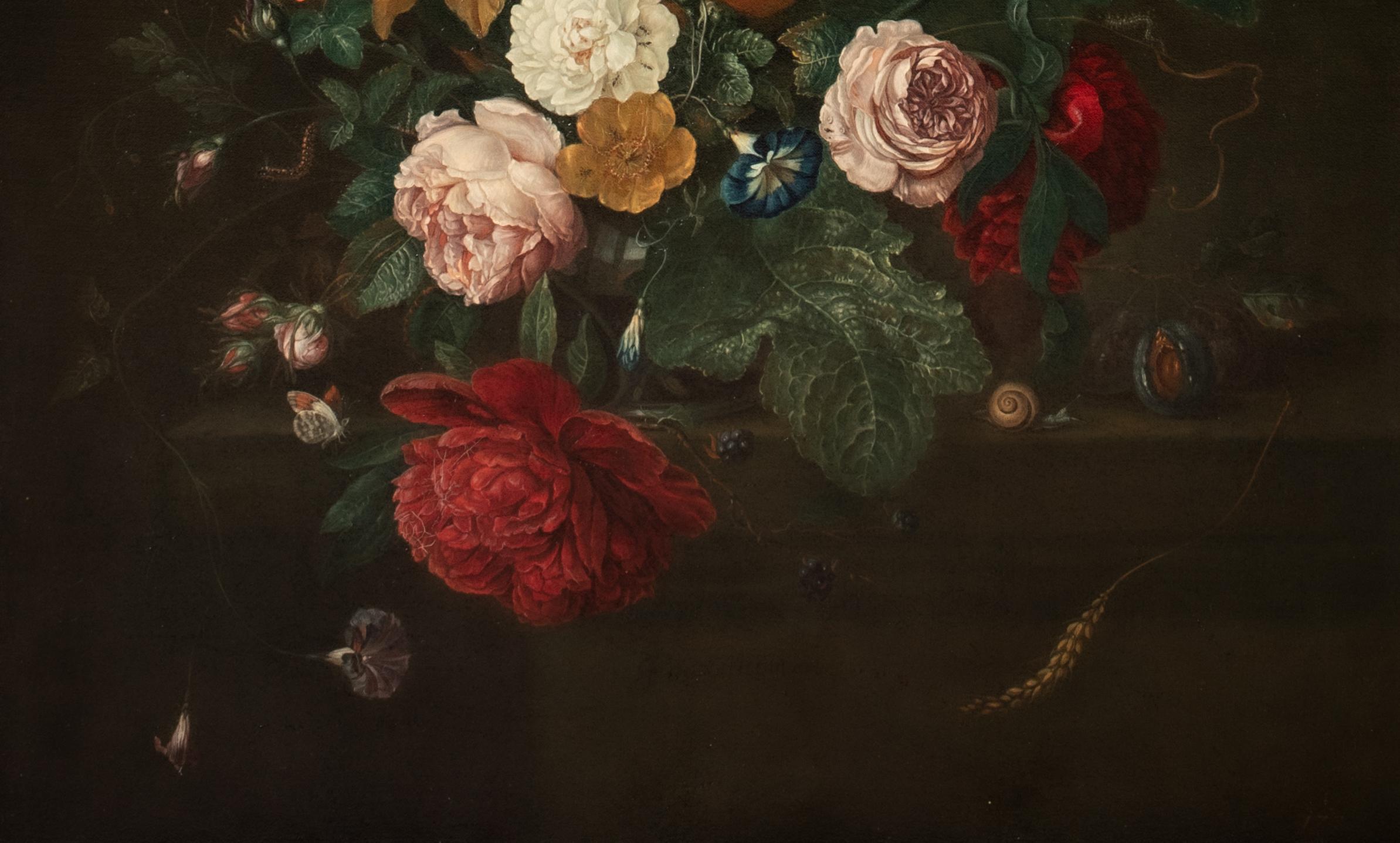 Still Life Of Flowers & Fruit In A Glass Vase Upon A Stone Mantle, 17th Century  For Sale 6