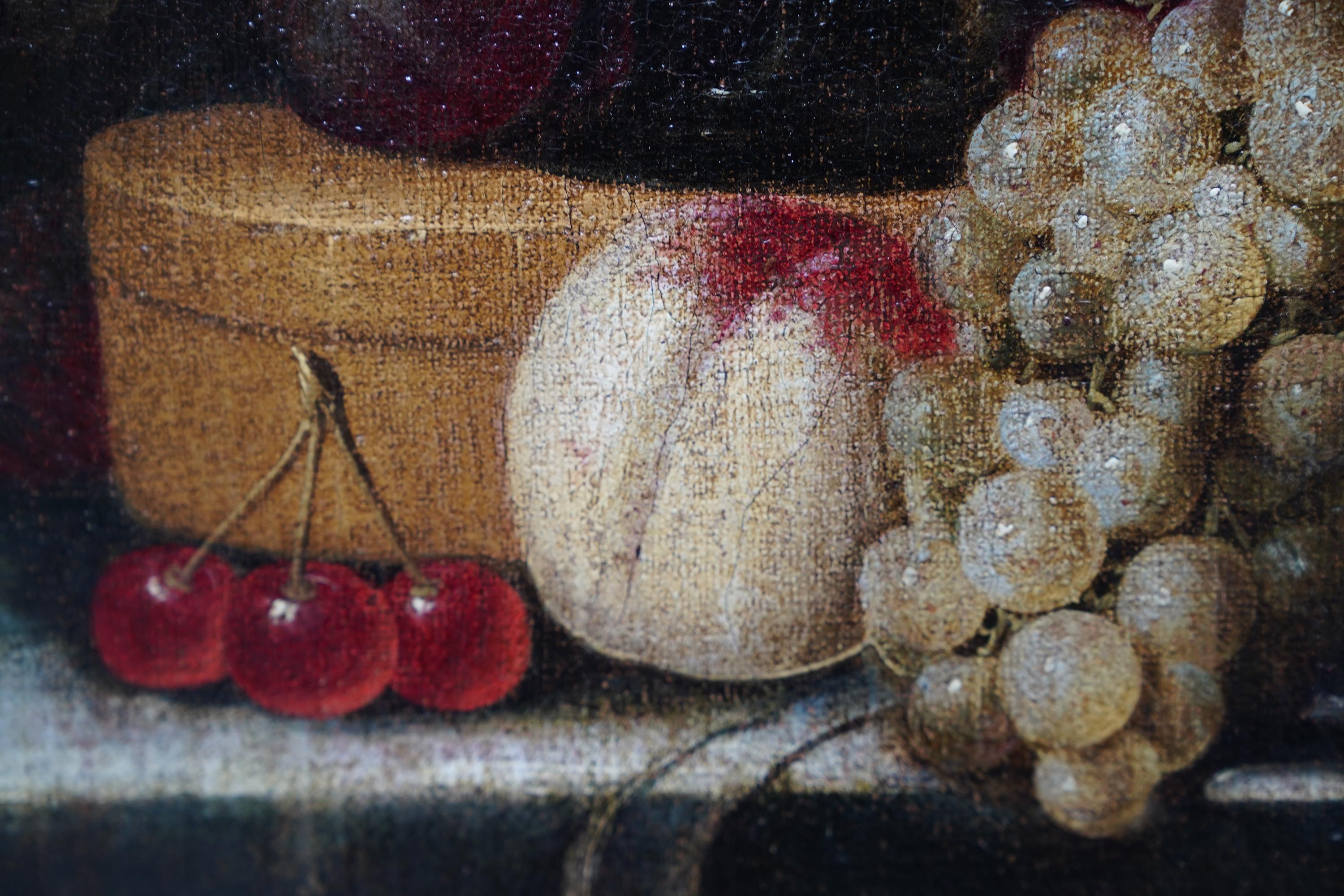 This stunning Dutch 17th century Old Master still life oil painting is attributed to the circle of Jan Davidsz de Heem. Painted circa 1660 it is a magnificent vibrant painting of grapes and peaches on a silver plate, a bowl of cherries, a glass
